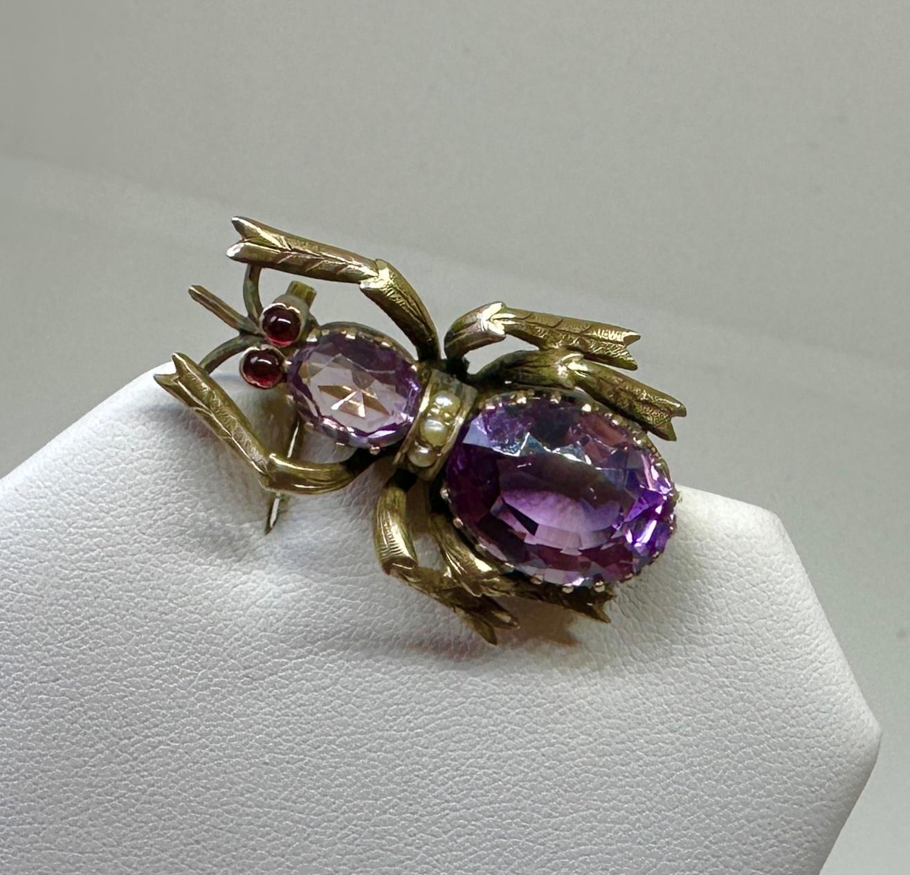 Antike Amethyst-Granat-Spinnen-Insekten-Brosche Bernhard Hertz Dänemark um 1890 (Ovalschliff) im Angebot