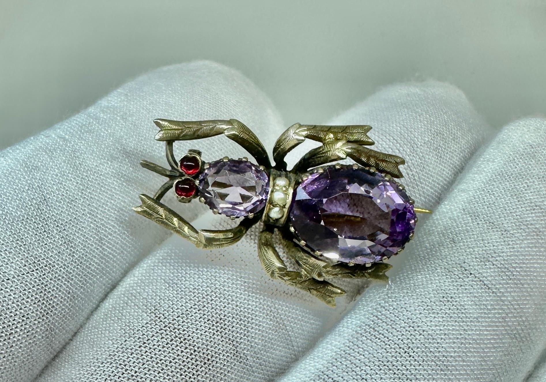 Antike Amethyst-Granat-Spinnen-Insekten-Brosche Bernhard Hertz Dänemark um 1890 für Damen oder Herren im Angebot