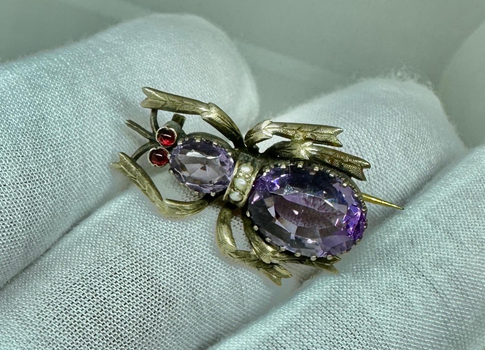 Antike Amethyst-Granat-Spinnen-Insekten-Brosche Bernhard Hertz Dänemark um 1890 im Angebot 1