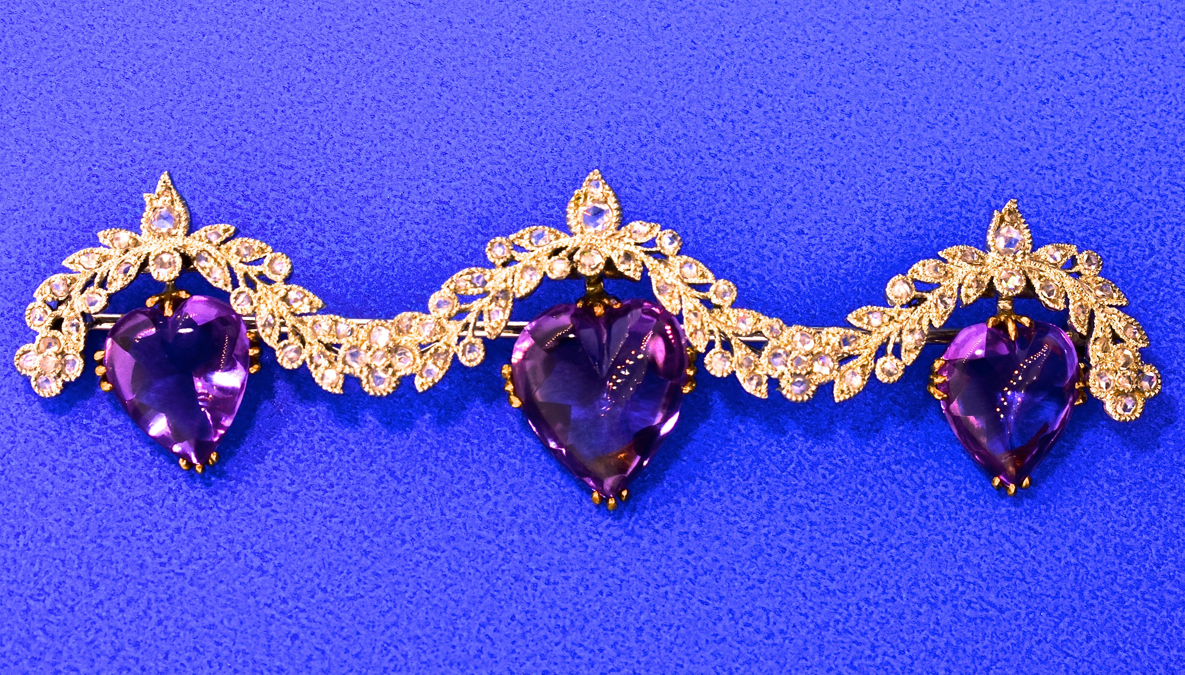Rose Cut Antique Amethyst Large Brooch accented with Diamond Edwardian, circa 1910