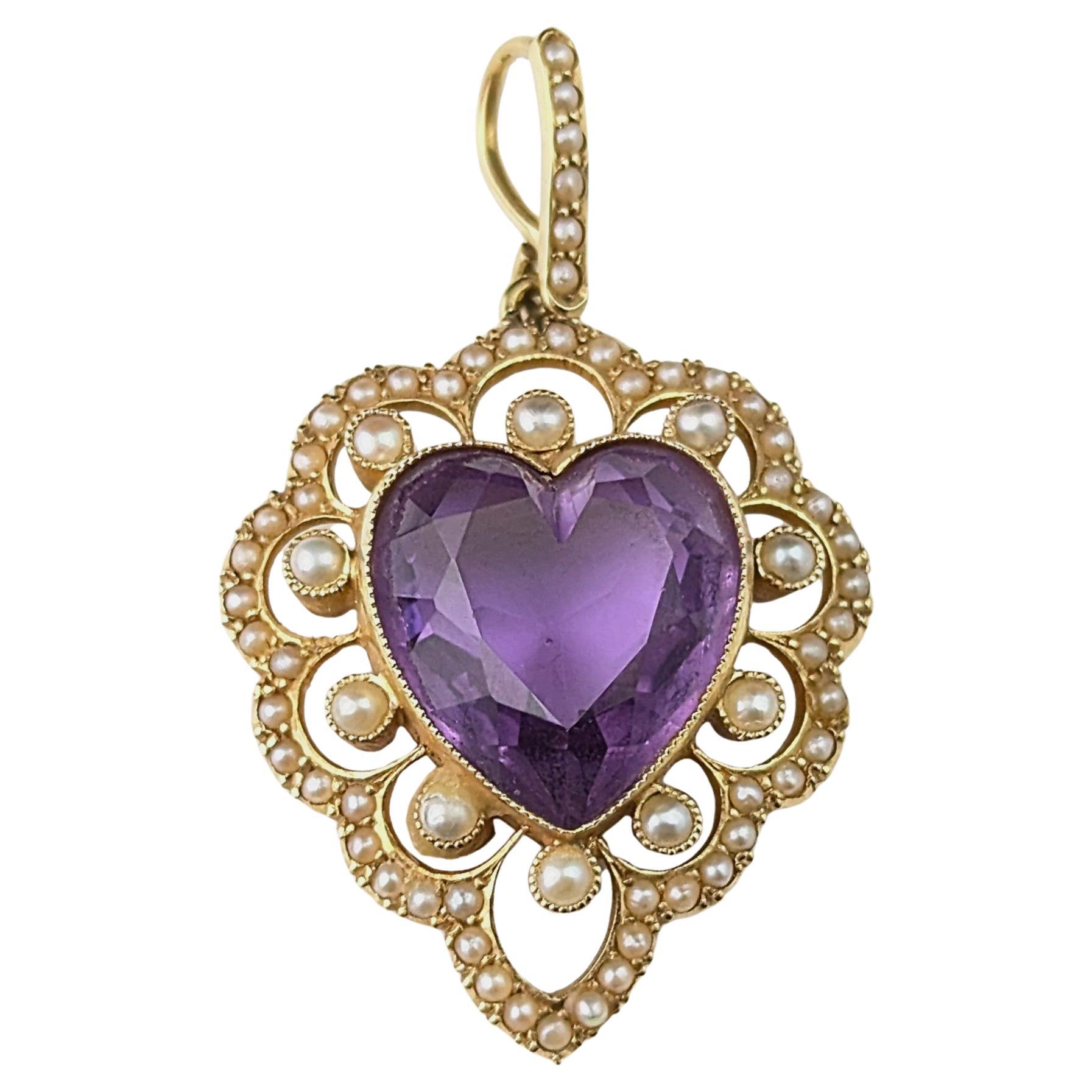 Antique Amethyst Love Heart pendant, 15k gold and Pearl