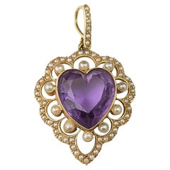 Antique Amethyst Love Heart pendant, 15k gold and Pearl
