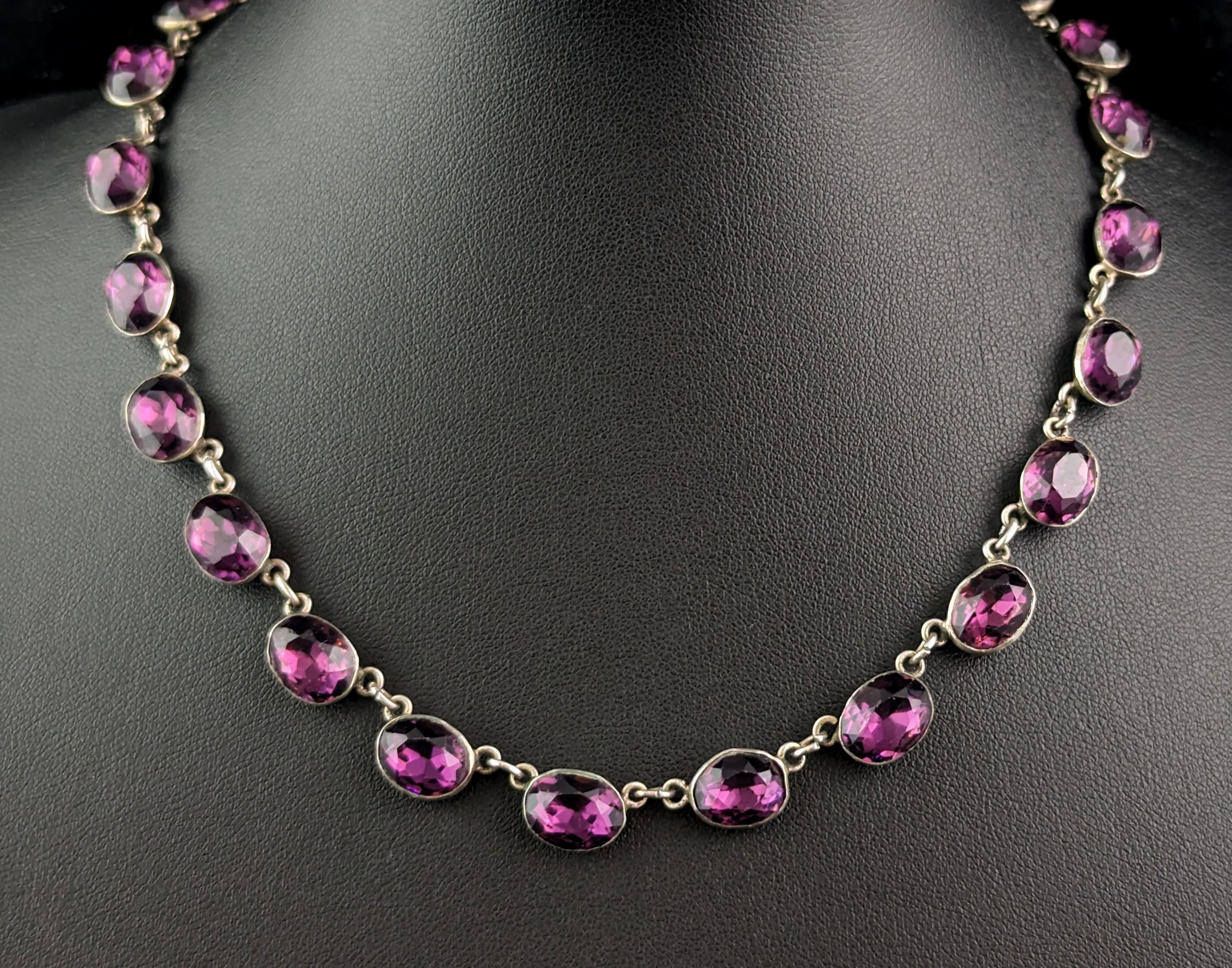 Early Victorian Antique Amethyst paste riviere necklace, sterling silver, 19th Century  For Sale