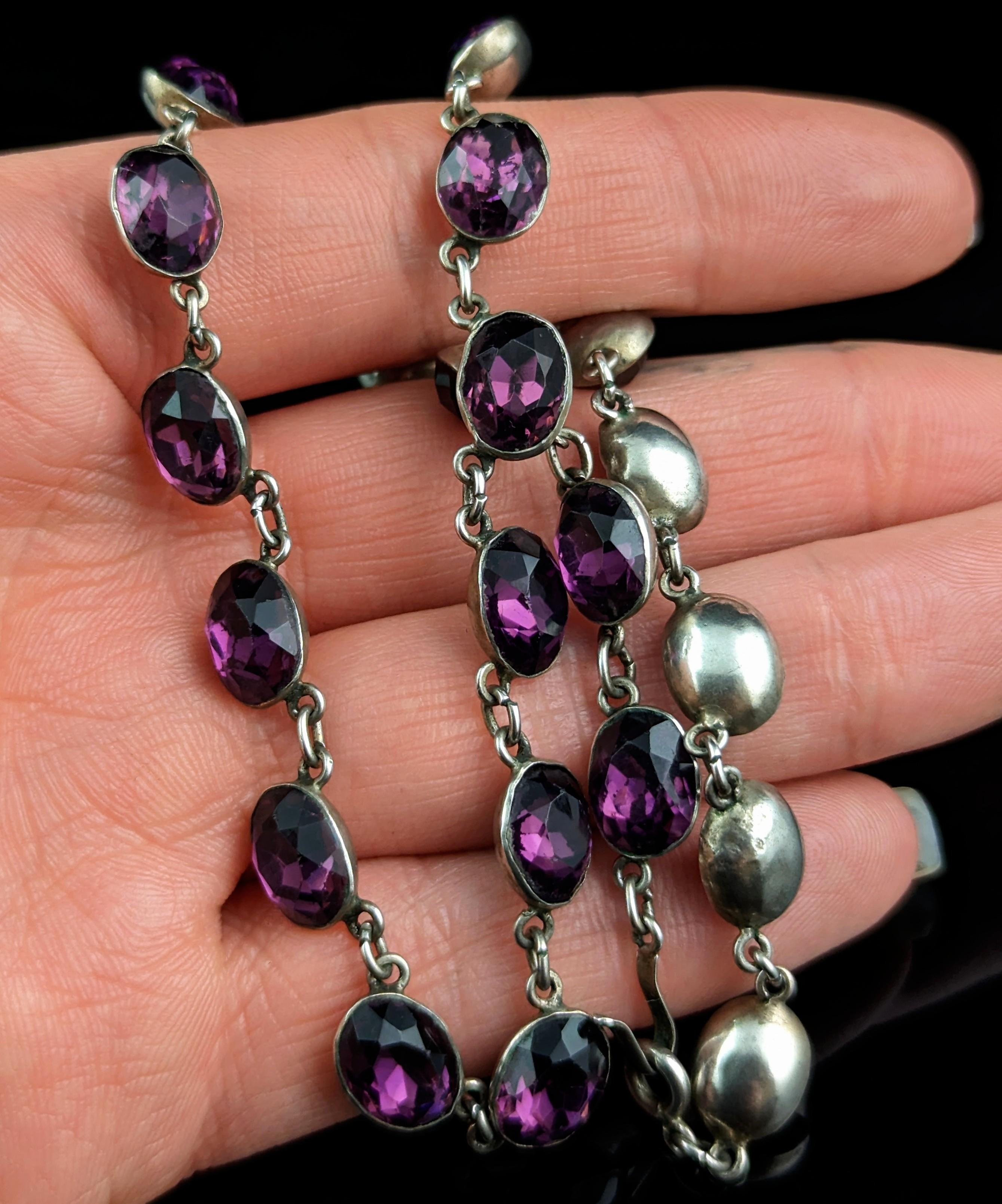 Antique Amethyst paste riviere necklace, sterling silver, 19th Century  In Good Condition For Sale In NEWARK, GB