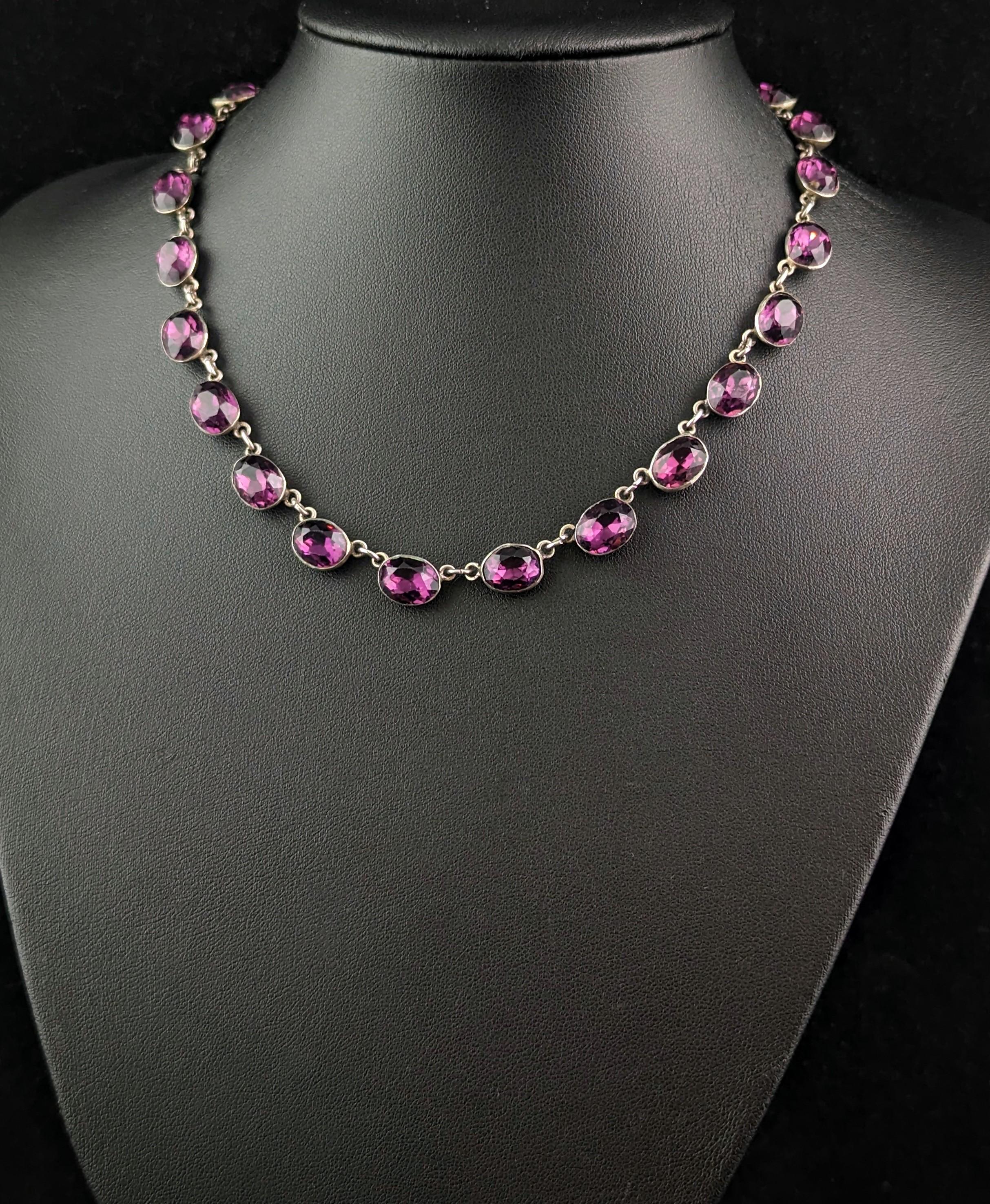 Women's Antique Amethyst paste riviere necklace, sterling silver, 19th Century For Sale