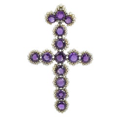 Antique Amethyst, Pearl, and Diamond Cross Pendant
