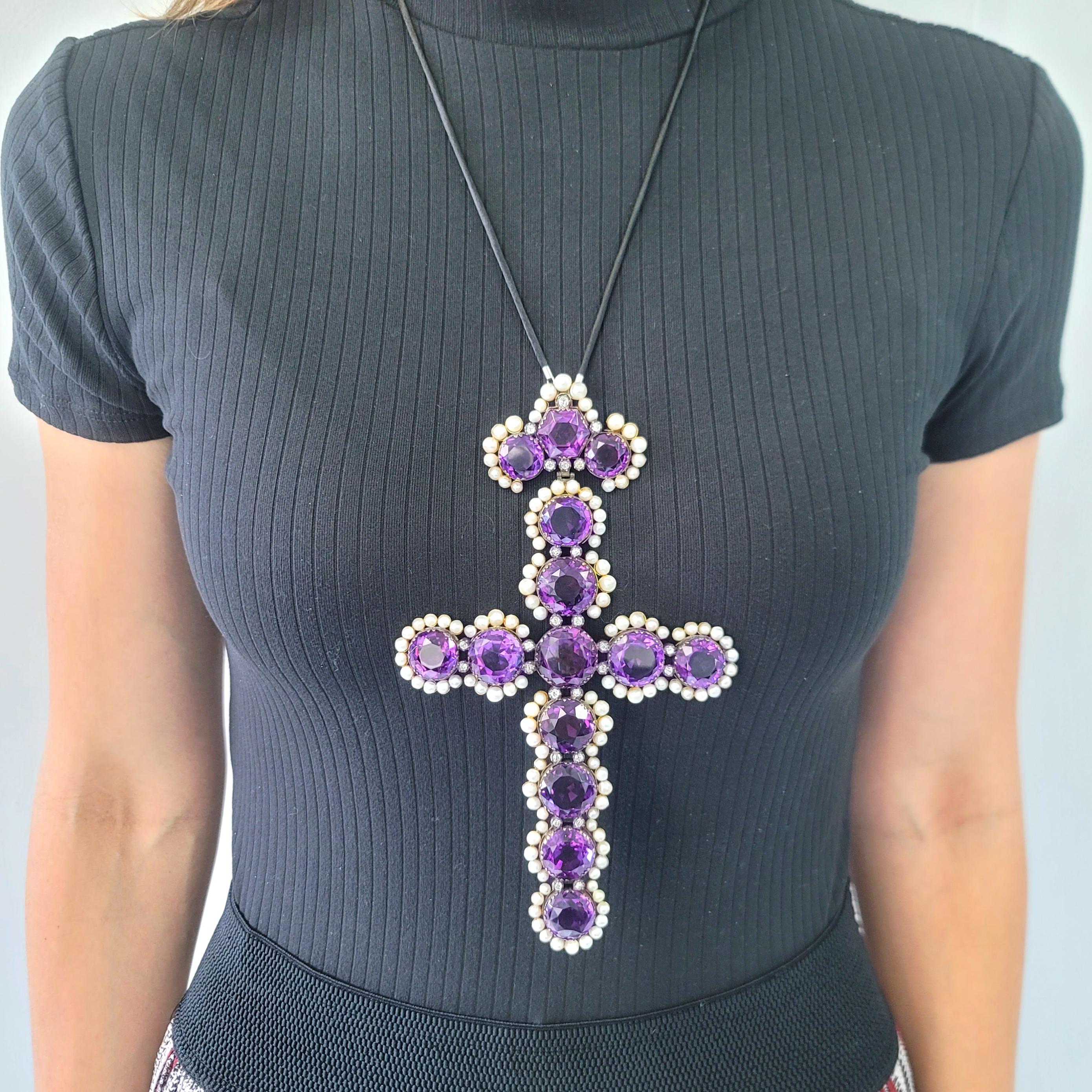 Victorian Antique Amethyst, Pearl, and Diamond Cross Pendant For Sale