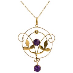 Antique Amethyst Pearl Circular Flower & Leaf Pendant Necklace, circa 1900