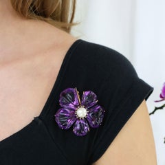 Antique Amethyst, Pearl, Diamond and Gold Pansy Flower Brooch, Circa 1880