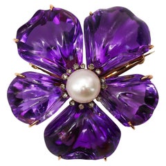 Antique Amethyst, Pearl, Diamond and Gold Pansy Flower Brooch, Circa 1880