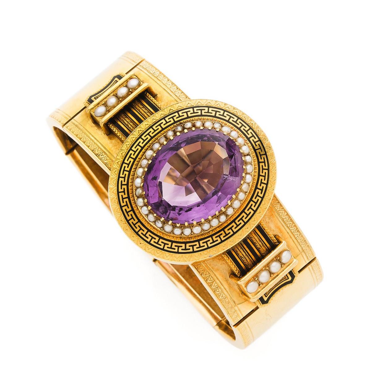 Oval Cut Antique Amethyst Pearl Enamel And Yellow Gold Bracelet 19th Century For Sale