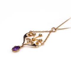 Antique Amethyst & Pearl Heart Shape Gold Pendant Necklace Circa 1900