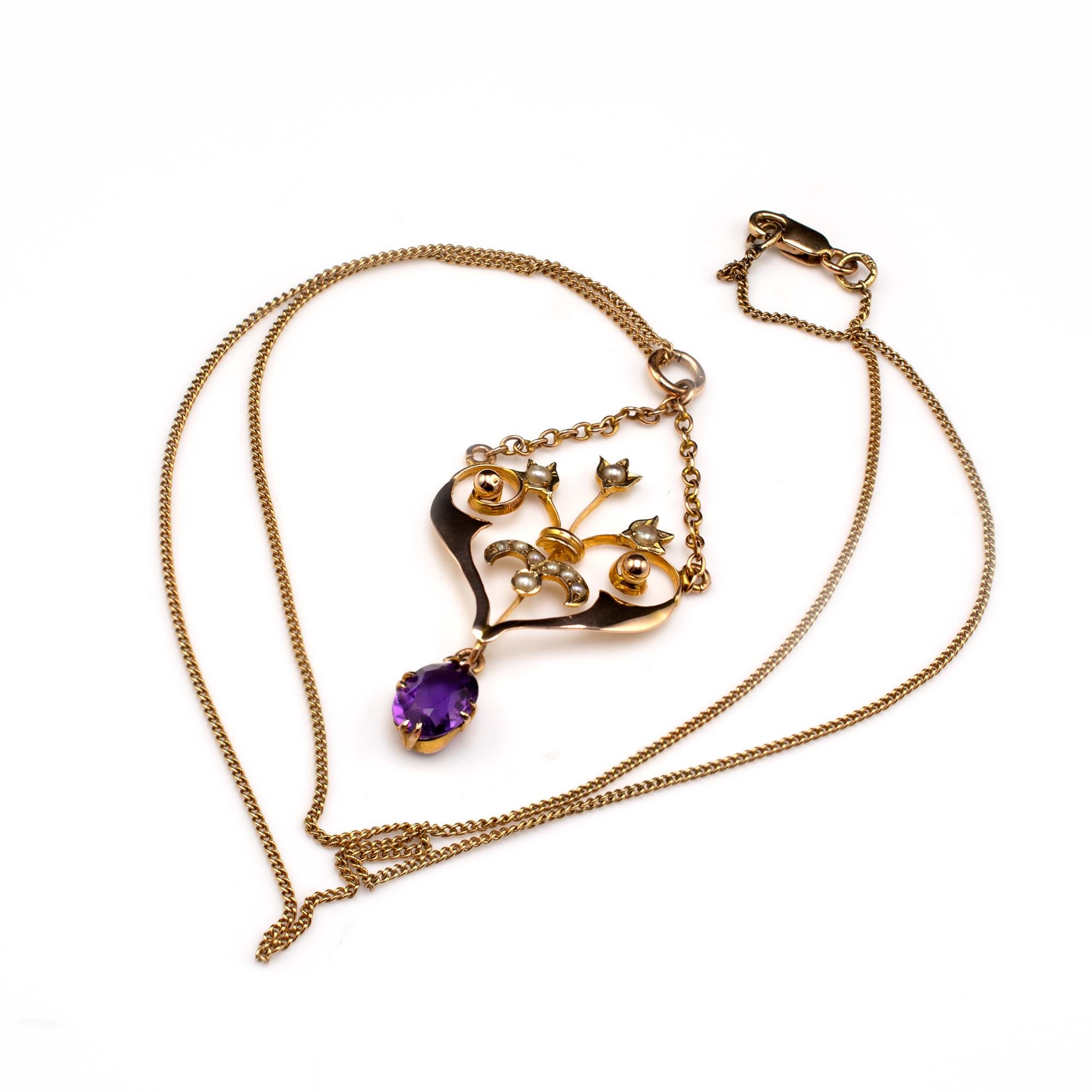 Art Nouveau Antique Amethyst & Pearl Heart Shape Gold Pendant Necklace Circa 1900 For Sale