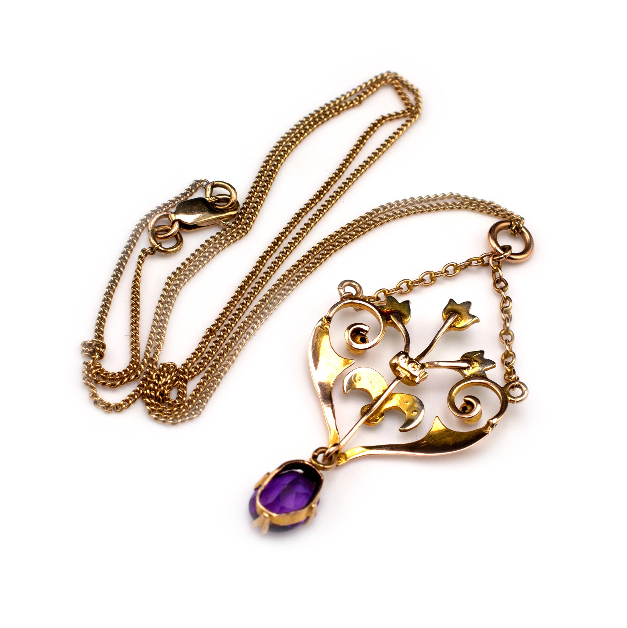 Women's Antique Amethyst & Pearl Heart Shape Gold Pendant Necklace Circa 1900 For Sale