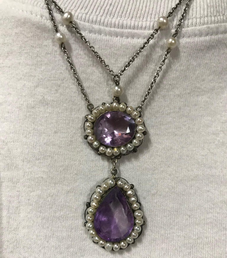 Antique Amethyst Pearl Sterling Silver Y Statement Necklace Fine Estate