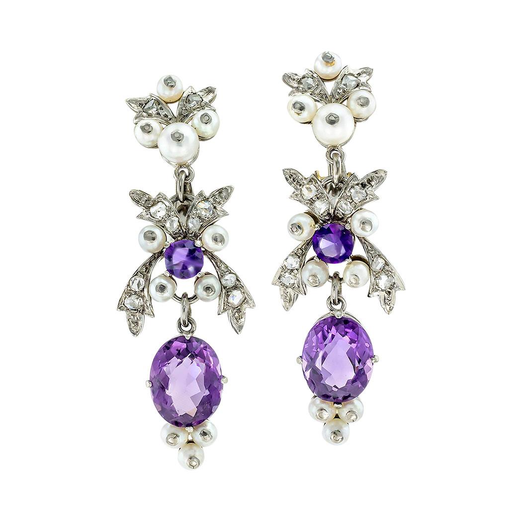 Antique amethyst pearls rose-cut diamonds white gold clip-on drop earrings circa 1900. *

SPECIFICATIONS:

DIAMONDS:  twenty rose-cut diamonds totaling approximately 0.50 carat.

GEMSTONES:  four faceted amethyst.

PEARLS:  twenty-two round