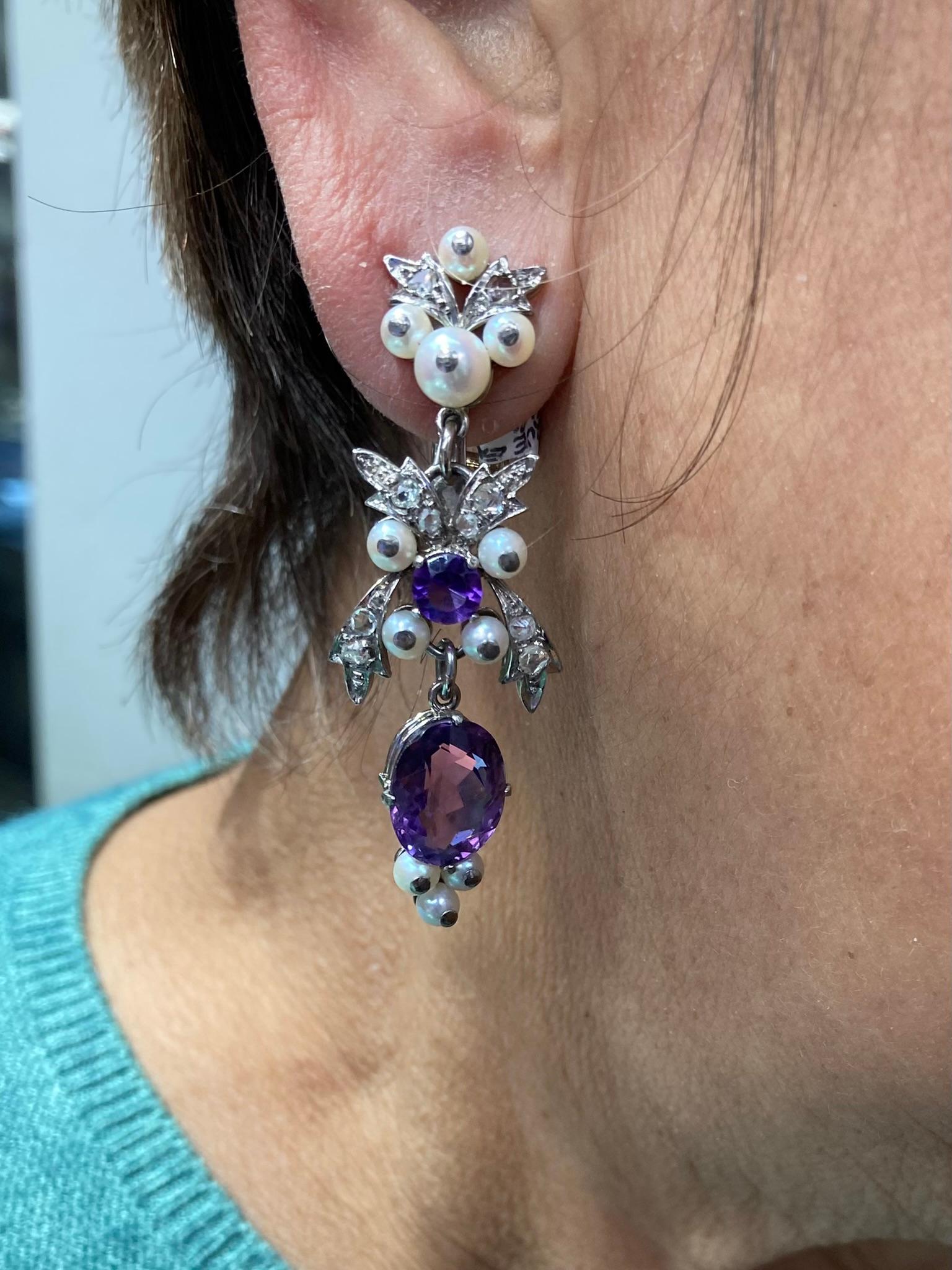 Victorian Antique Amethyst Pearls Rose Cut Diamonds Clip on Drop Earrings