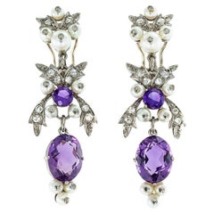 Antique Amethyst Pearls Rose Cut Diamonds Clip on Drop Earrings