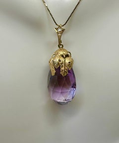 Antique Amethyst Pendant 14 Karat Gold Etruscan Revival Necklace Leaf Motif