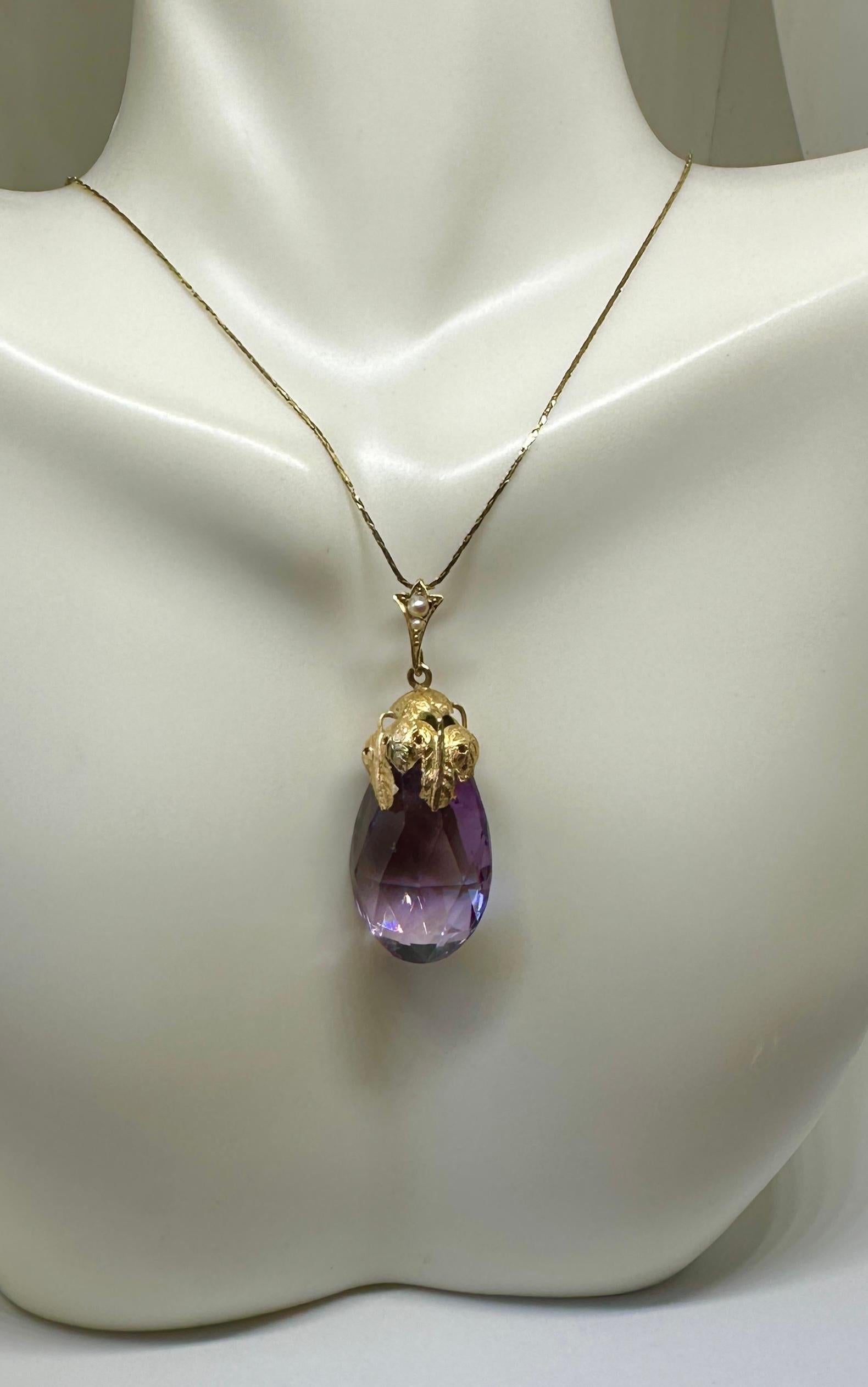 Victorian Antique Amethyst Pendant 14 Karat Gold Etruscan Revival Necklace Leaf Motif For Sale