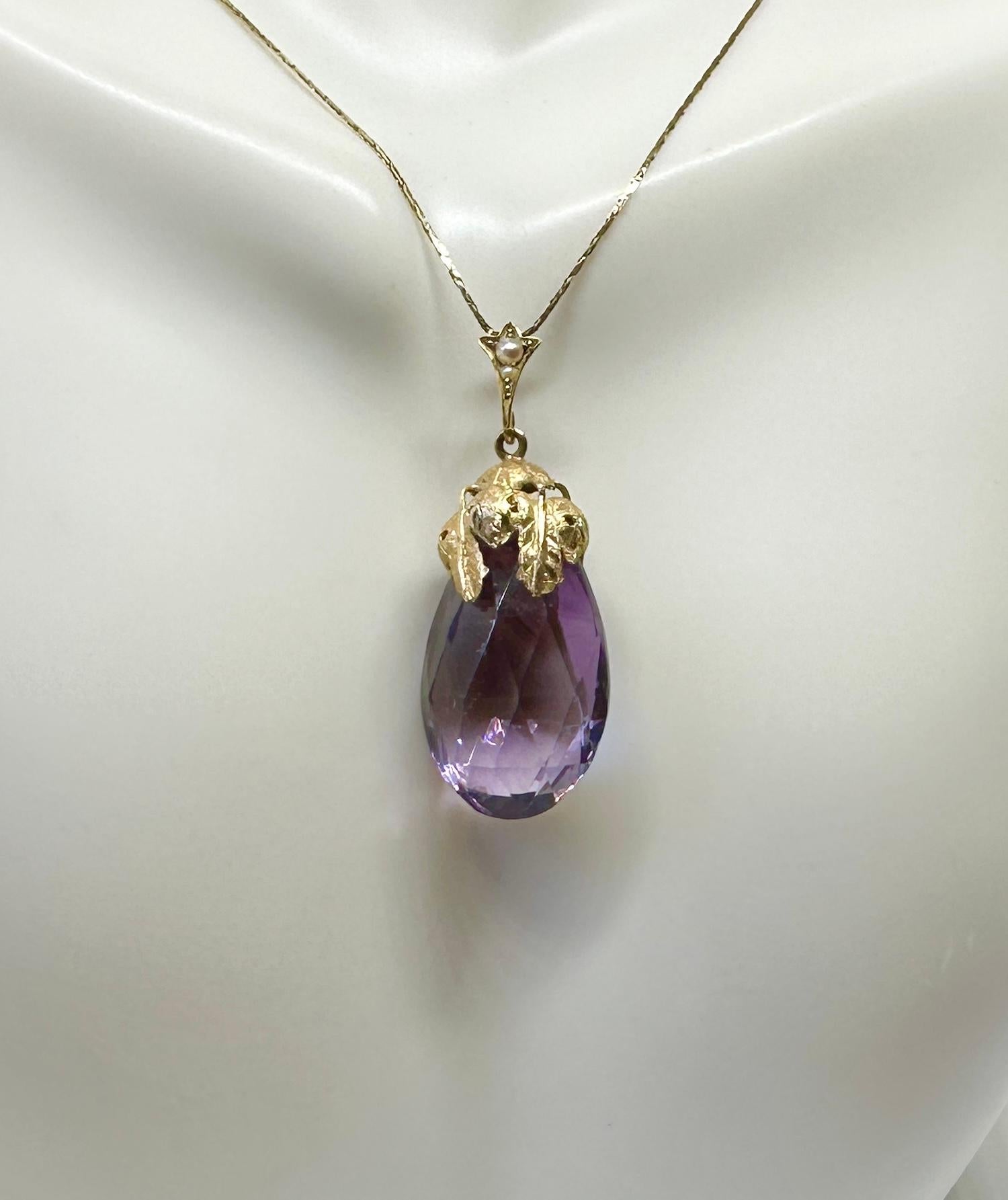 Women's or Men's Antique Amethyst Pendant 14 Karat Gold Etruscan Revival Necklace Leaf Motif For Sale