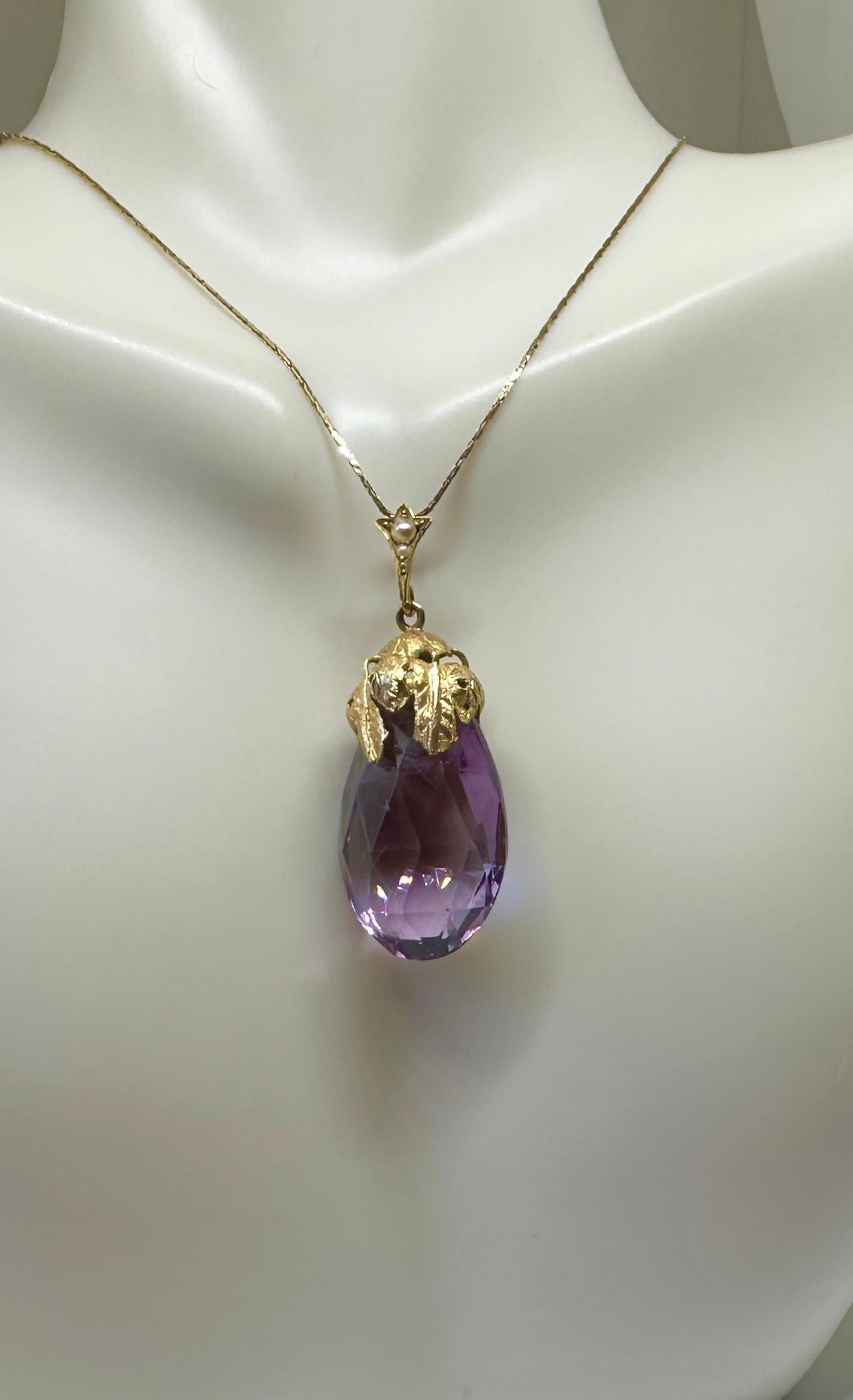 Antique Amethyst Pendant 14 Karat Gold Etruscan Revival Necklace Leaf Motif For Sale 1