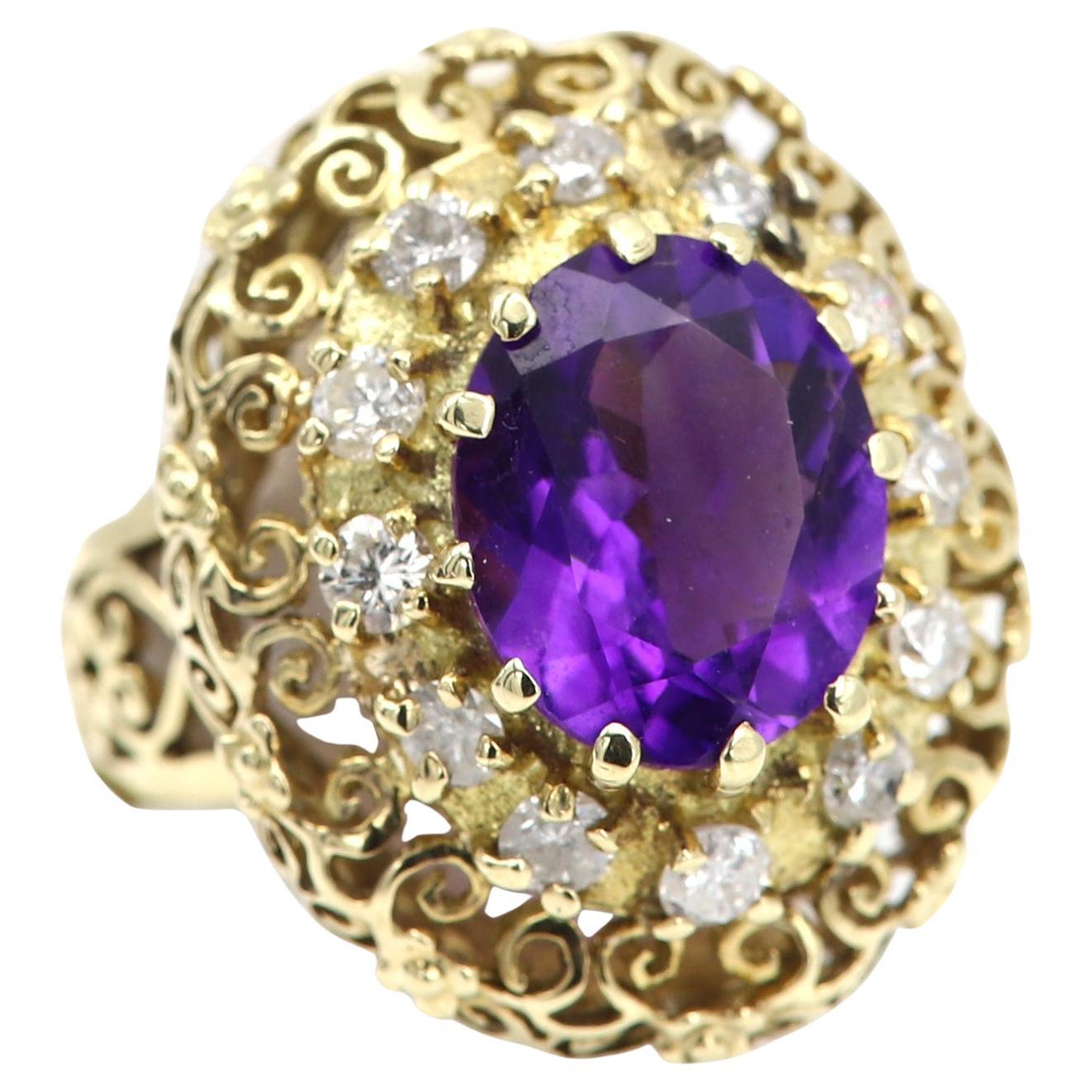 Antiker Amethyst-Ring aus 14 Karat Gelbgold mit filigranem Design, hergestellt im Jahr 1851 im Angebot