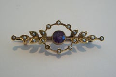 Antique Amethyst, Seed Pearl & 15K Gold Laurel Leaf Brooch - U.K. - Circa 1900