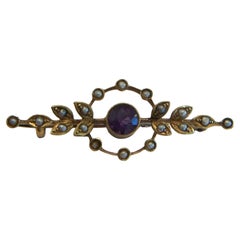 Spilla antica con ametista, perle di seme e foglie di alloro in oro 15 carati - K.K. - Circa 1900