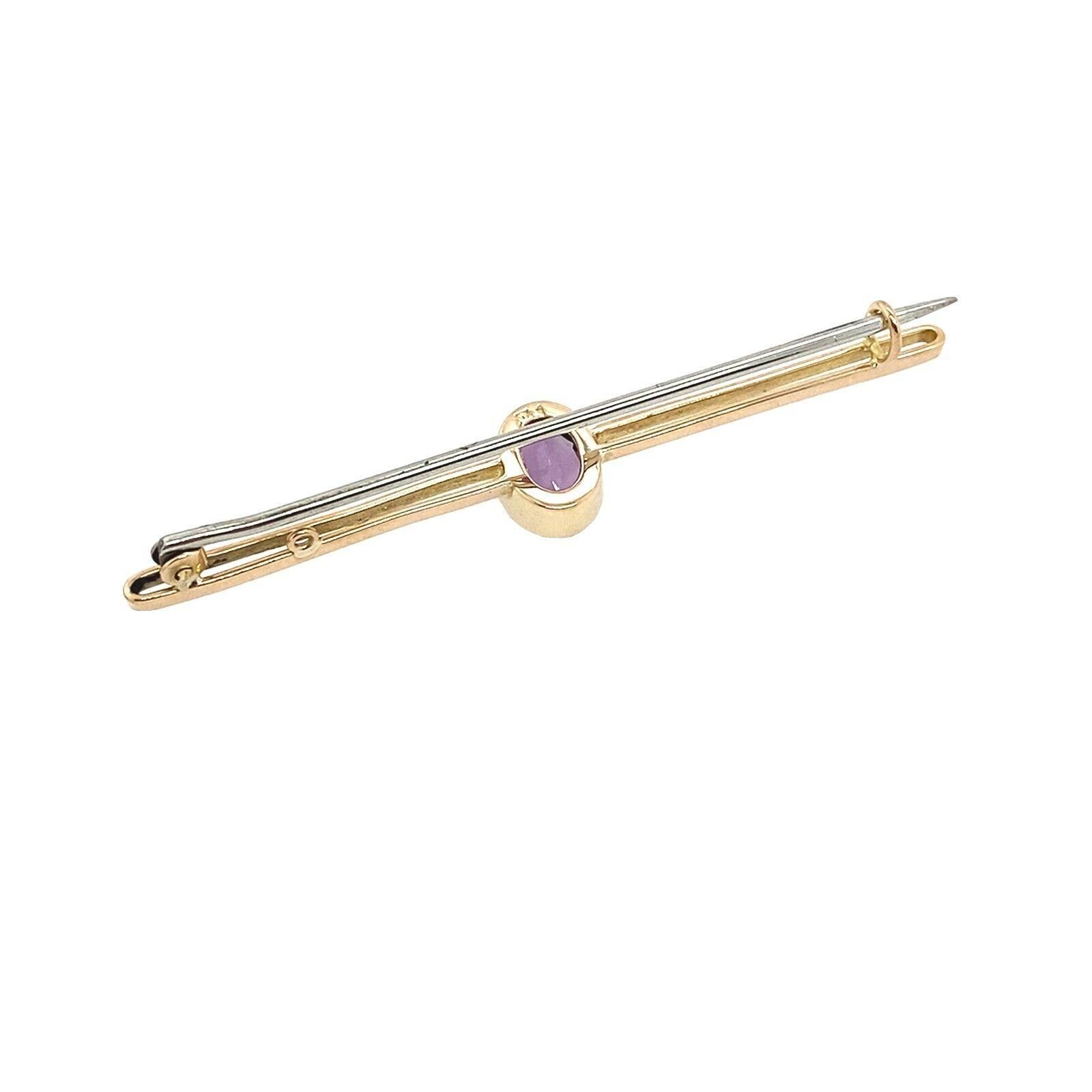 This is a bar brooch that can be worn for any occasion. It is made of 15ct Rose Gold and contains Amethyst. The pin itself is a pin bar brooch, and it is made of steel for extra strength.

Additional Information:
Total Gold Weight: 3.2g
Dimension: