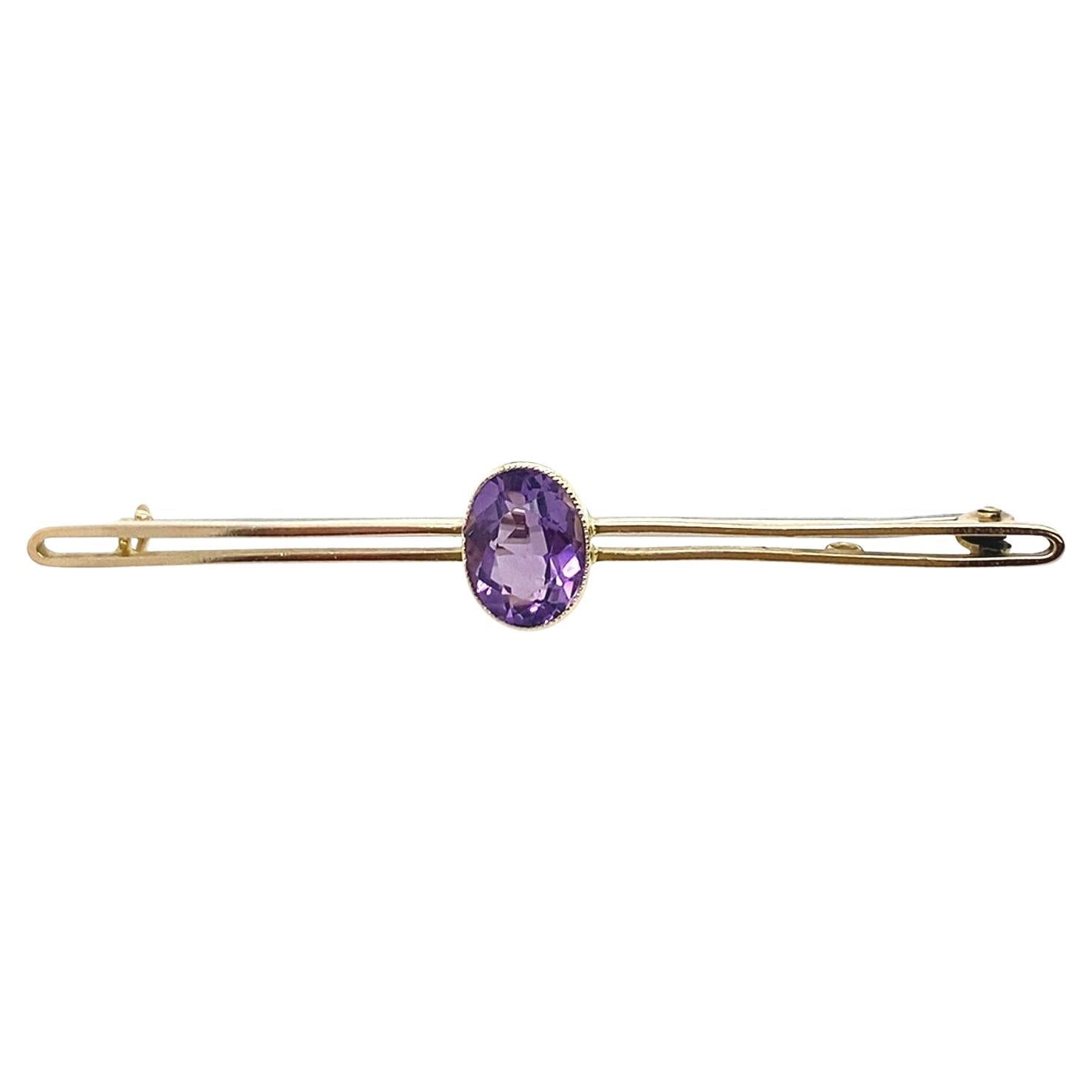 Antique Amethyst Set Bar Brooch with Steel Pin in 15ct Rose Gold For Sale