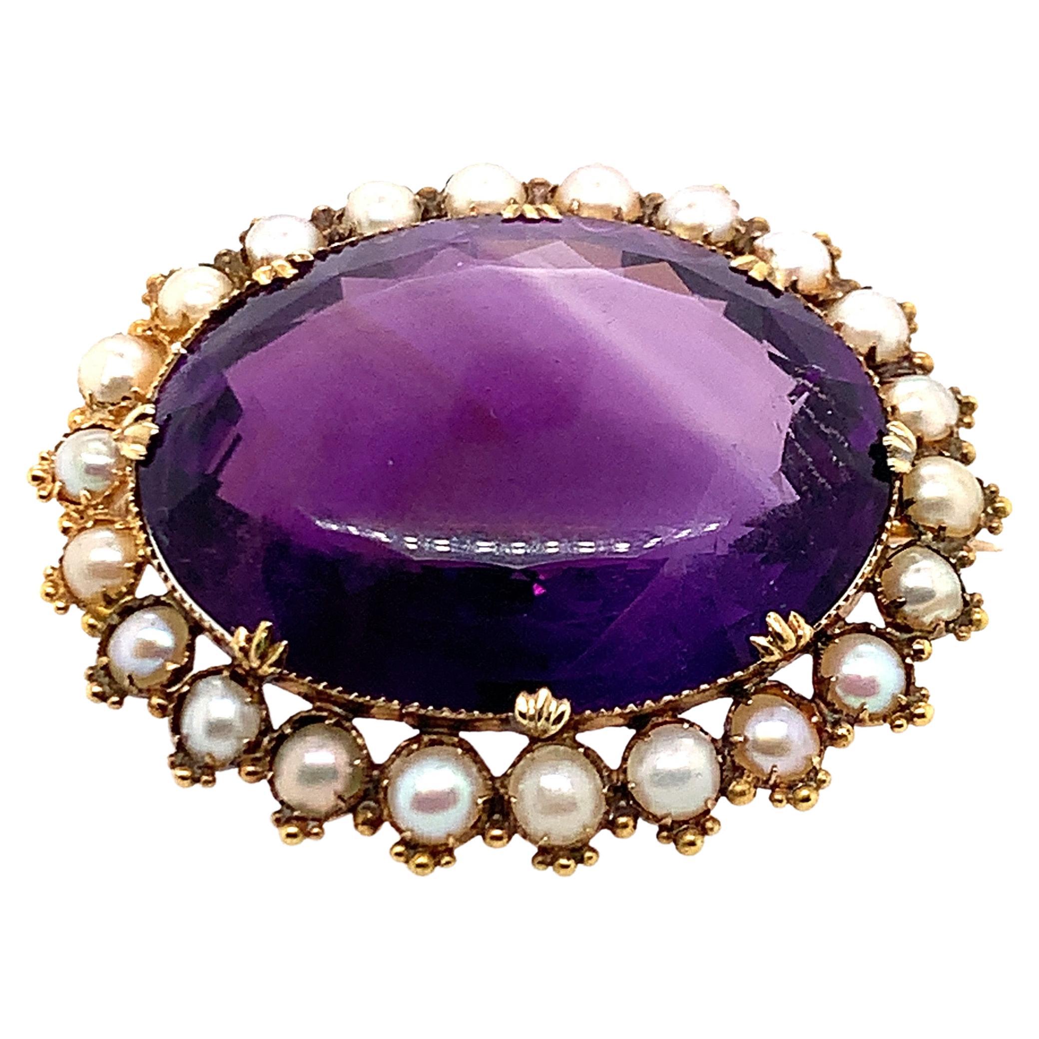 Antique Amethyst, Split-Pearl and Gold Brooch For Sale