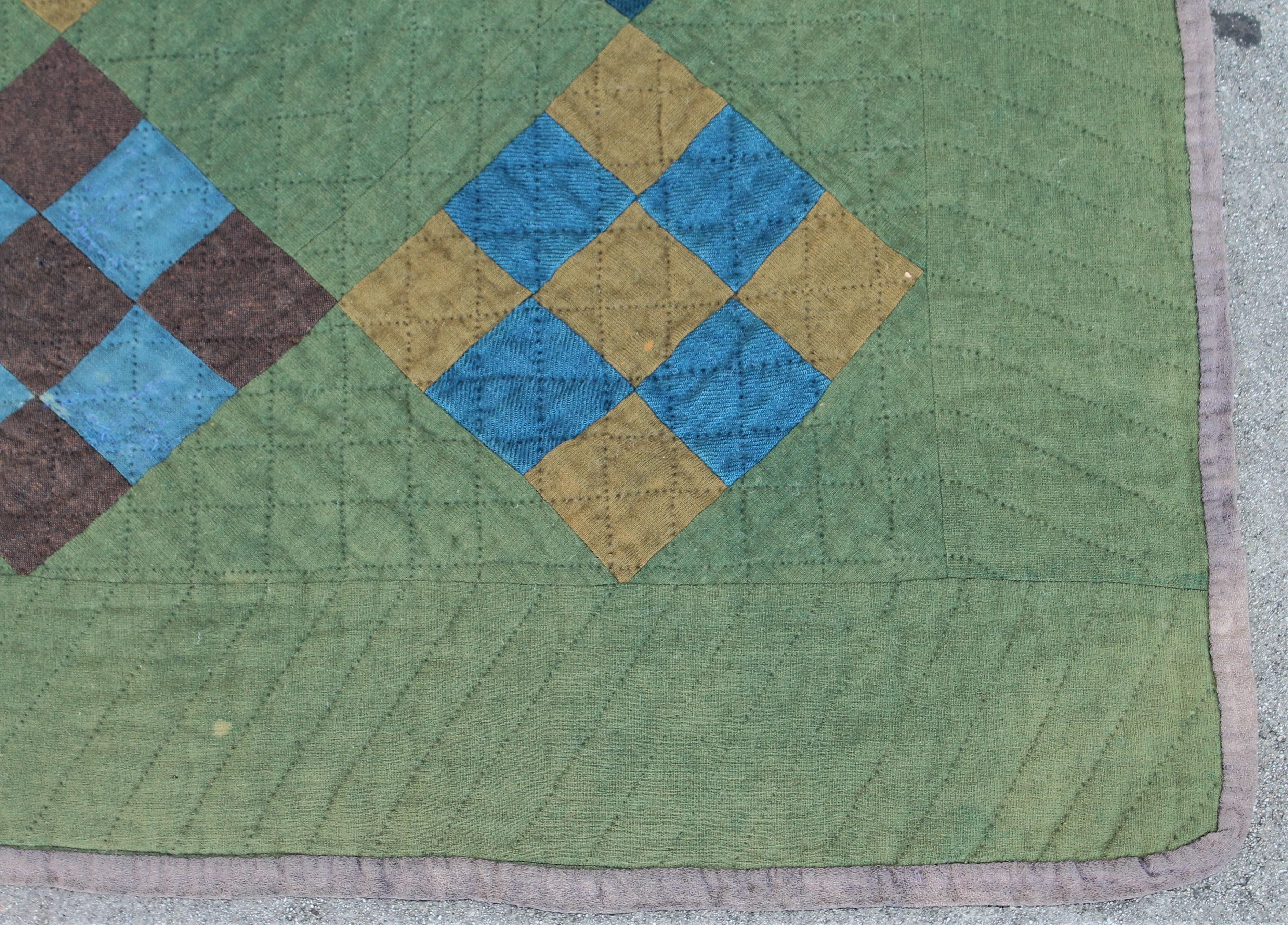 This Lancaster County, Pennsylvania all wool Amish nine patch quilt has minor wear in areas but not a big distraction. The colors are so amazing and rich. The quilt is a large generous size.