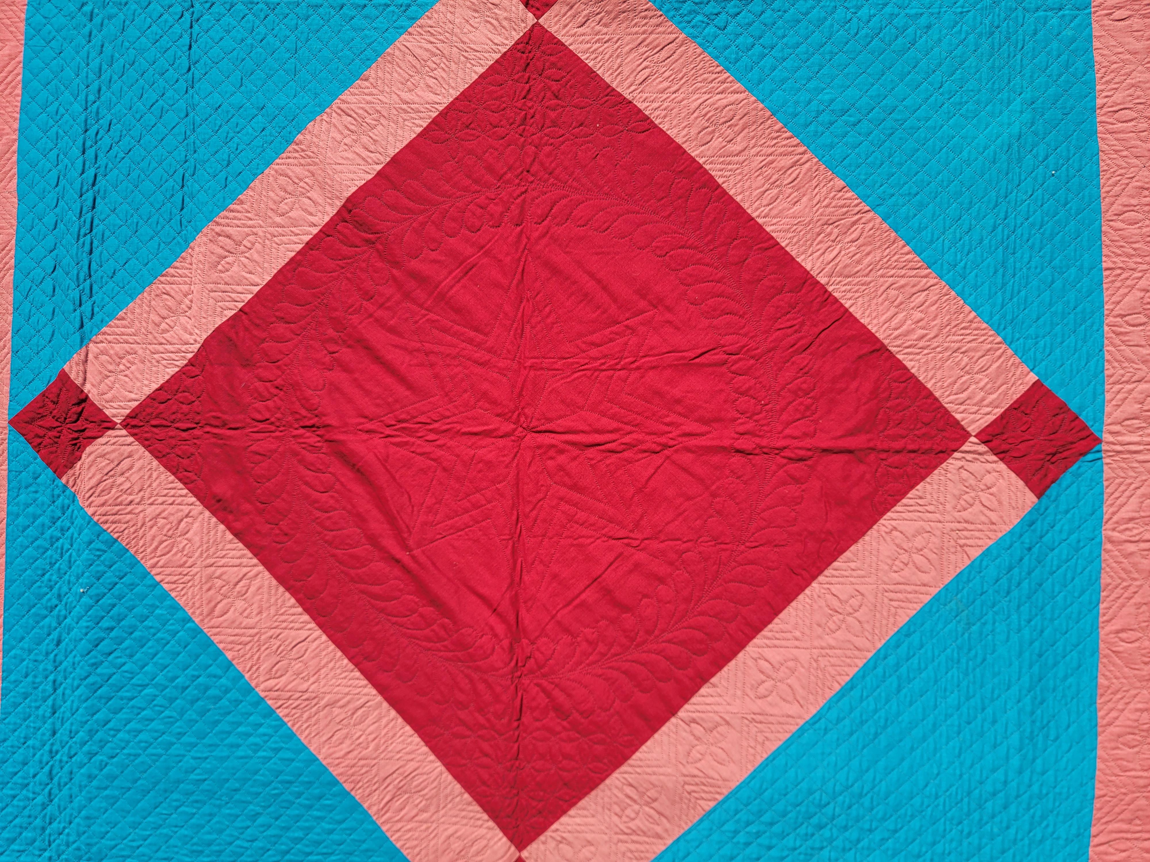 Early Amish 20thc diamond in a square quilt in wool.Amazing condition and colors from a 50 year collection never offered for sale before. The colors are most unusual for Lancaster Amish wool quilts.