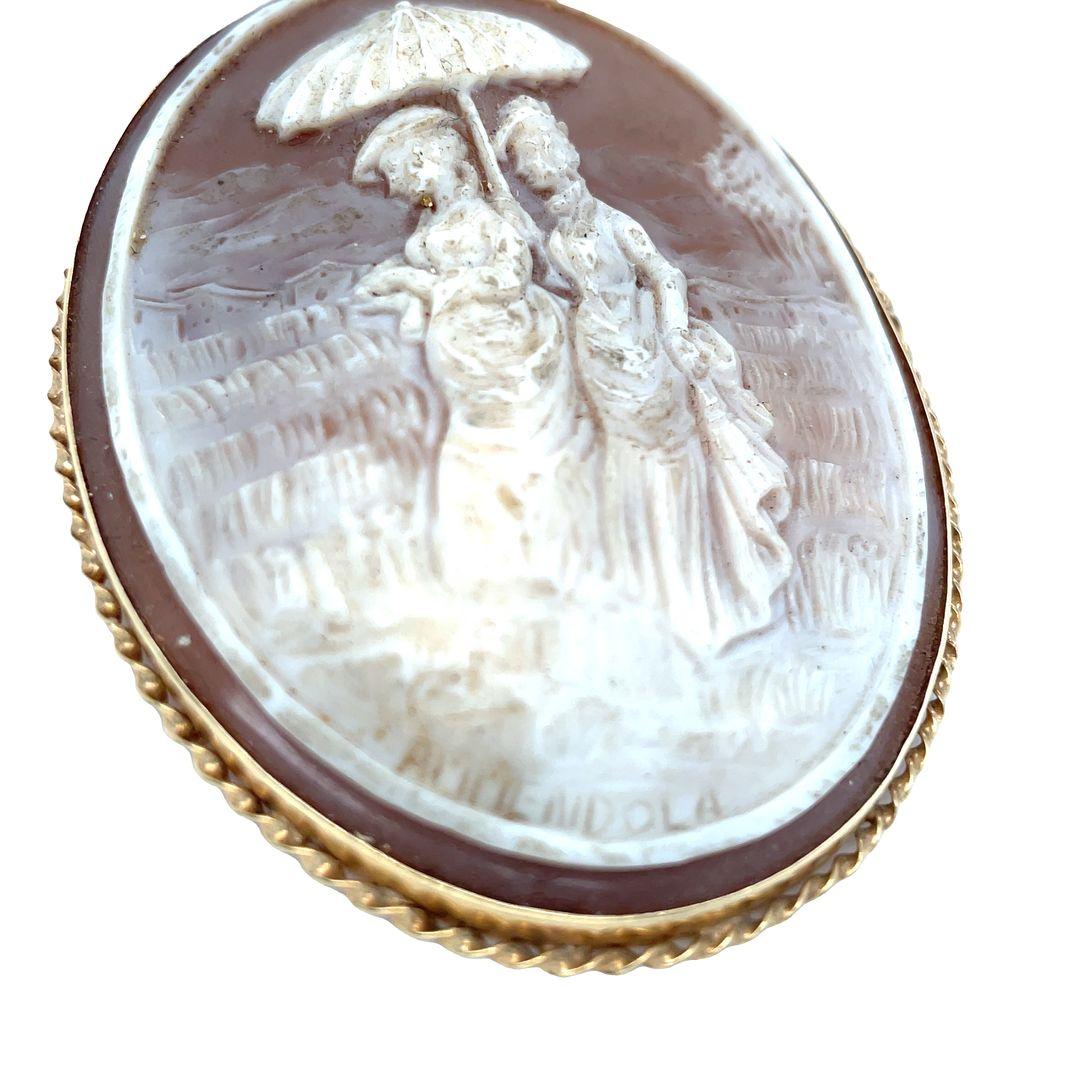 Victorian Antique Ammendola Oval Hand Carved 2 Ladies Italian Shell Cameo Brooch For Sale