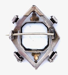 Antique Amor Hunter Landscape Enamel Painting Pearl Turquoise Silver Gold Brooch