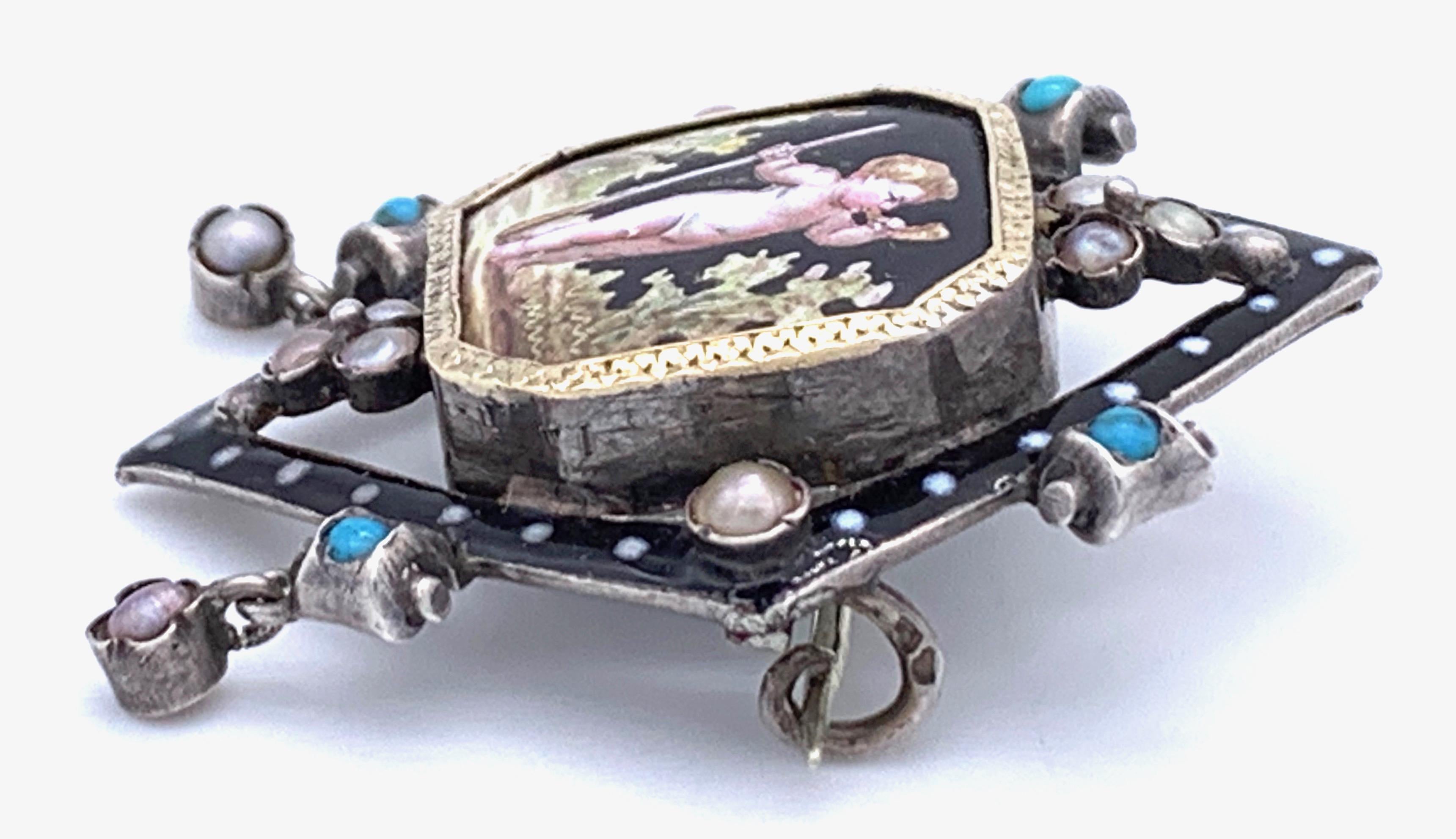 Antique Amor Hunter Landscape Enamel Painting Pearl Turquoise Silver Gold Brooch In Good Condition For Sale In Munich, Bavaria