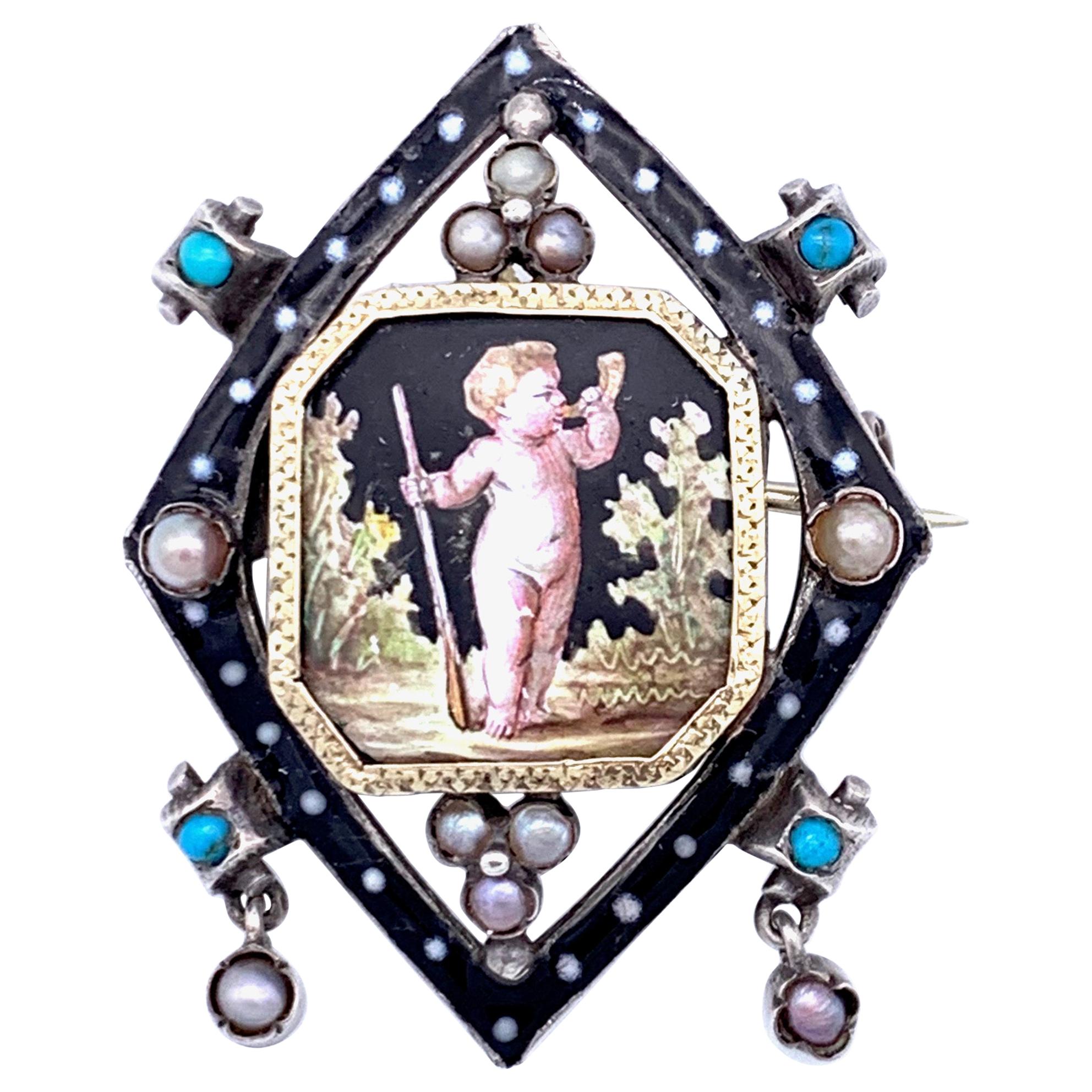 Antique Amor Hunter Landscape Enamel Painting Pearl Turquoise Silver Gold Brooch For Sale