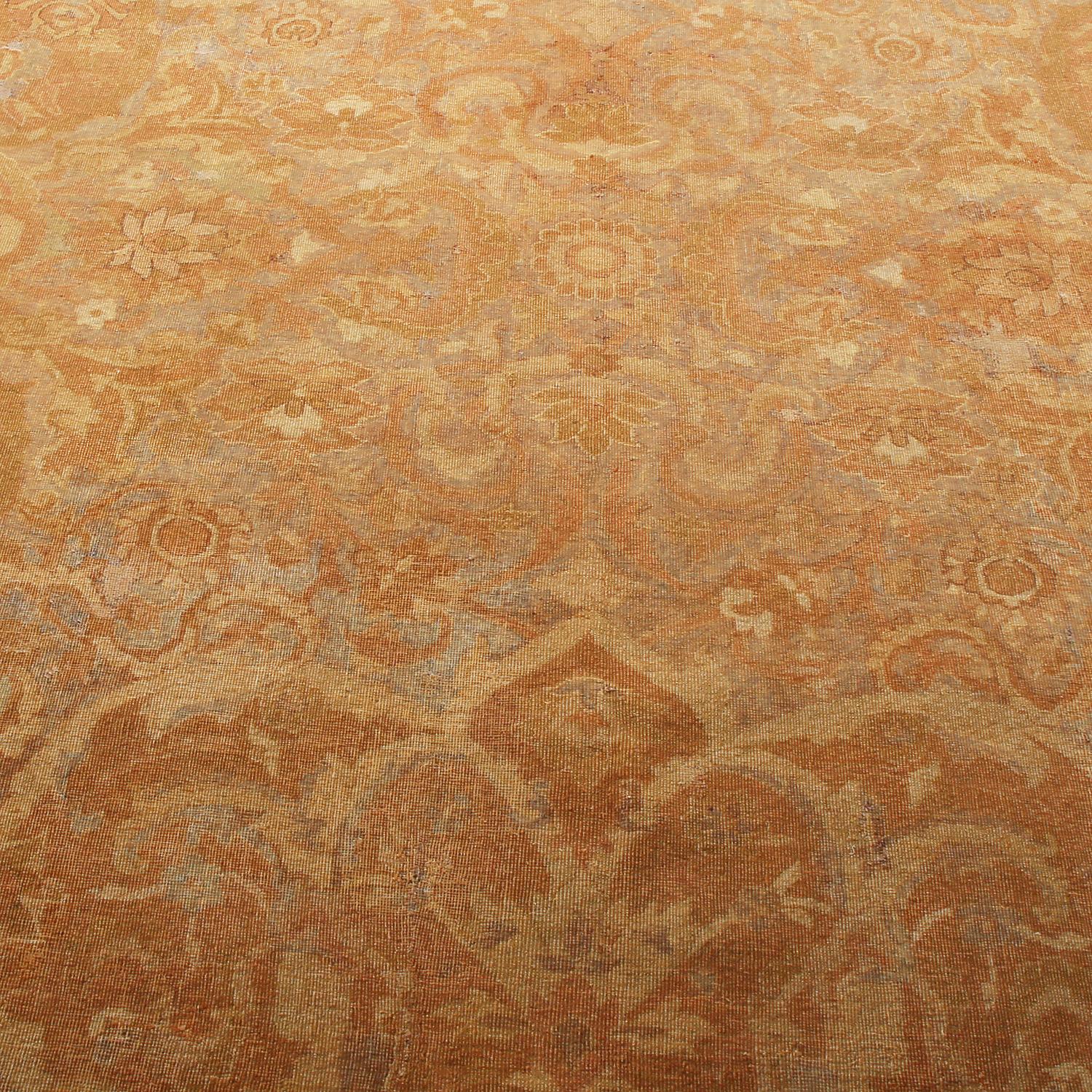 Indian Antique Amritsar Beige-Brown Wool Floral Rug with Blue Field Accents
