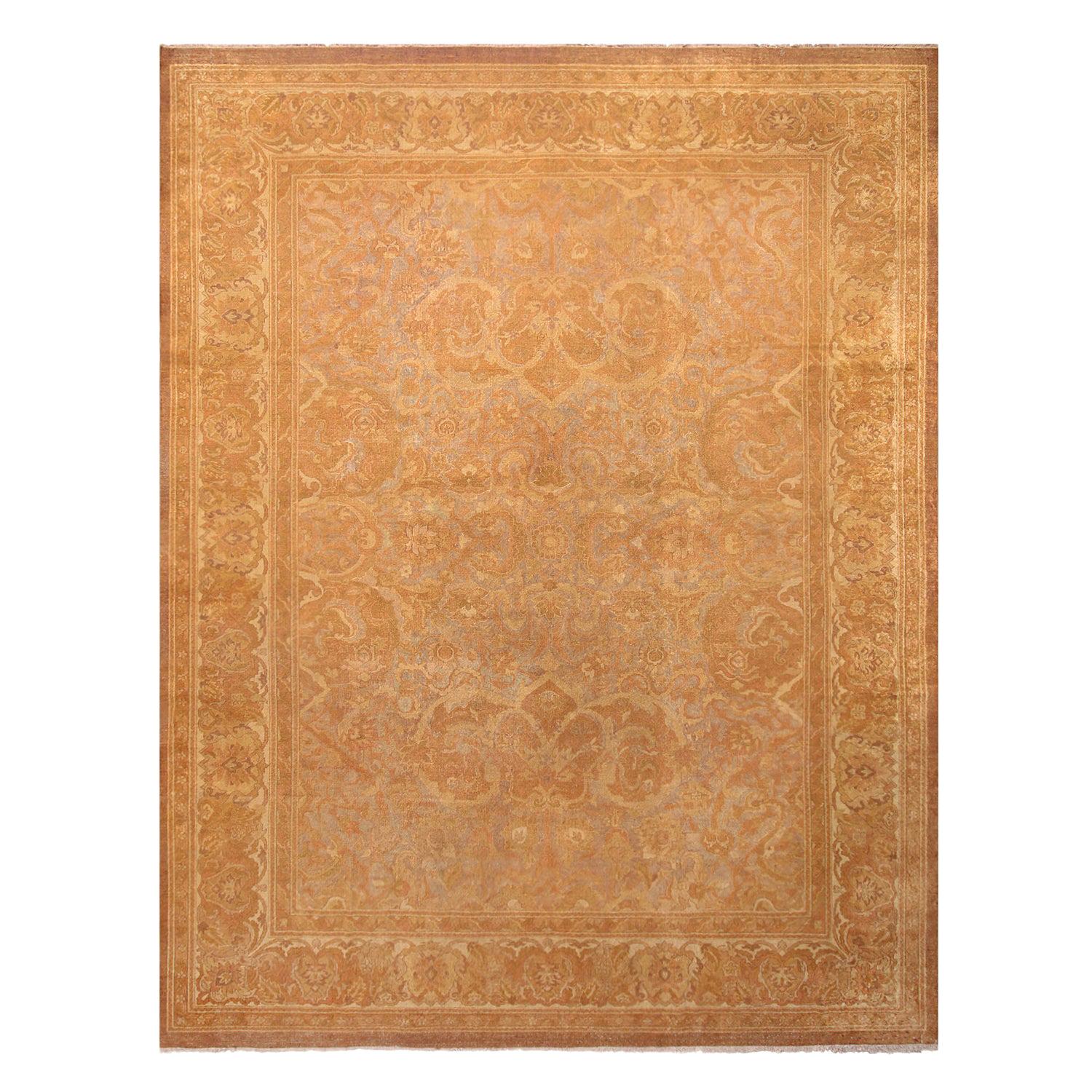 Antique Amritsar Beige-Brown Wool Floral Rug with Blue Field Accents