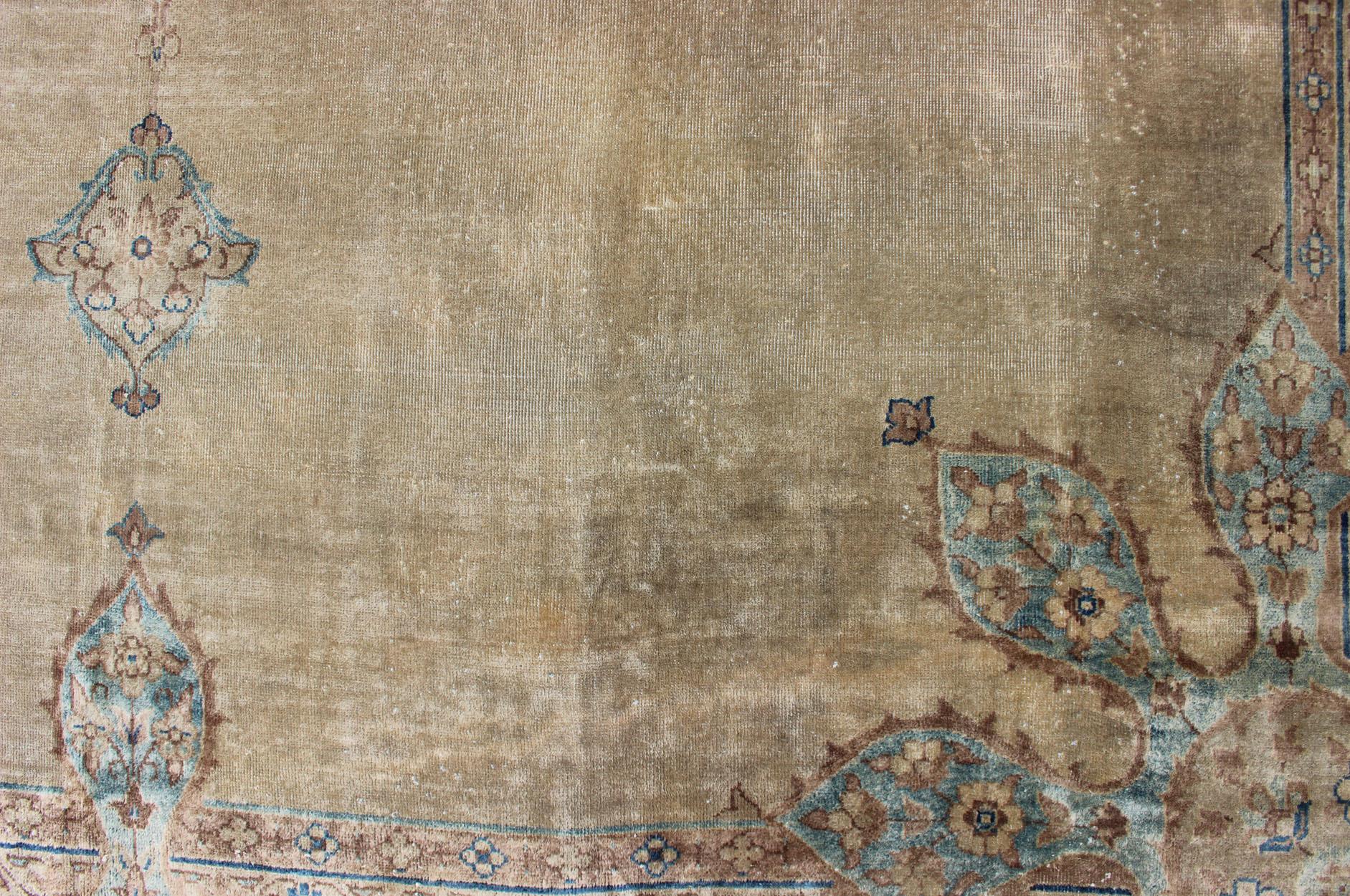 Antique Hand Knotted Amritsar Carpet in Taupe, Light Brown and Blue Accent's 12