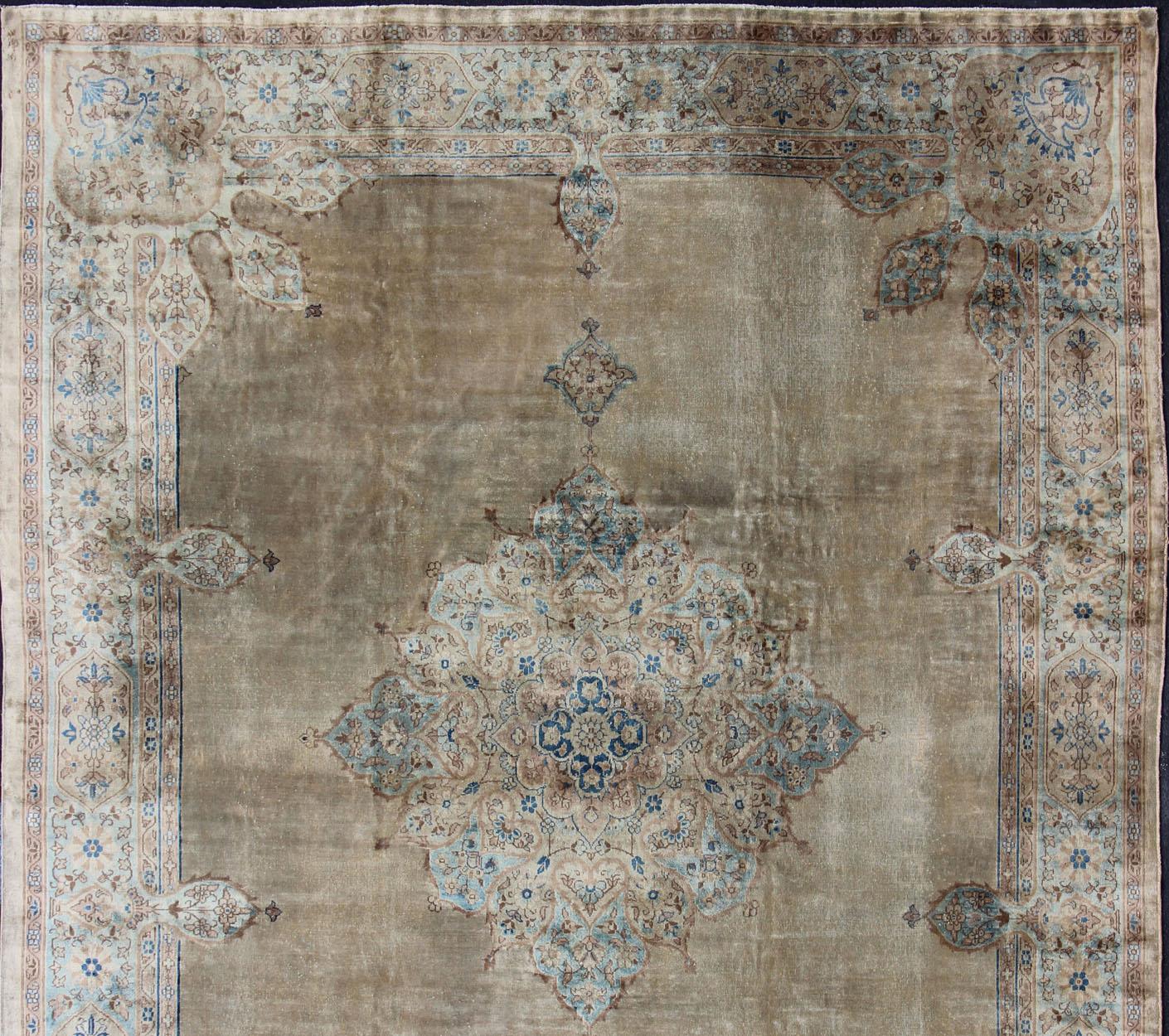 Agra Antique Hand Knotted Amritsar Carpet in Taupe, Light Brown and Blue Accent's