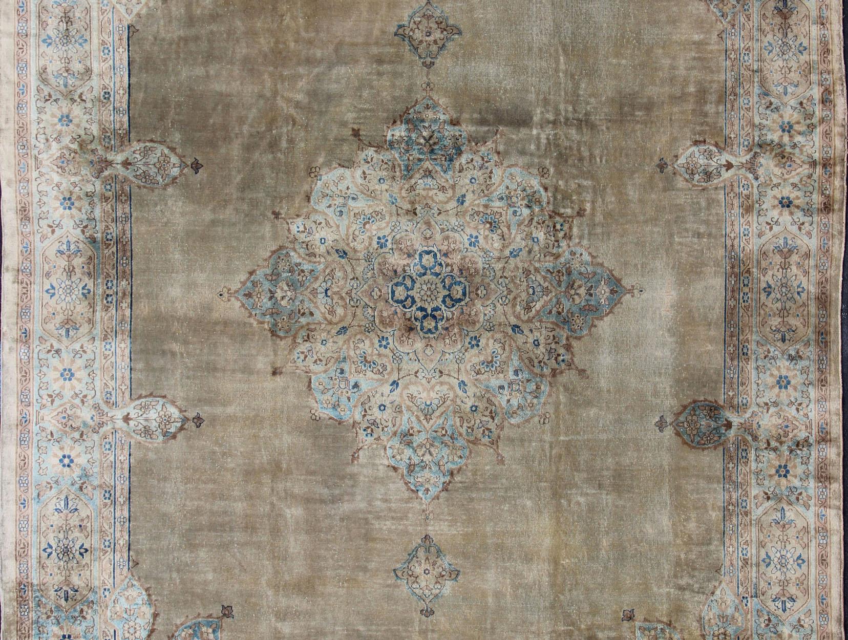 Indian Antique Hand Knotted Amritsar Carpet in Taupe, Light Brown and Blue Accent's