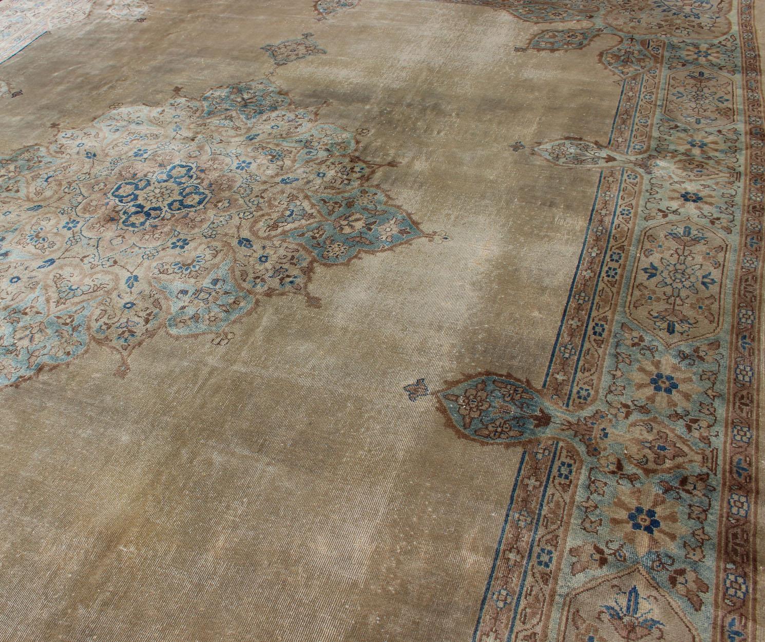 Hand-Knotted Antique Hand Knotted Amritsar Carpet in Taupe, Light Brown and Blue Accent's