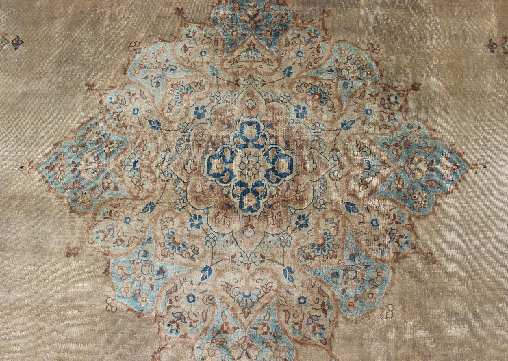 Wool Antique Hand Knotted Amritsar Carpet in Taupe, Light Brown and Blue Accent's