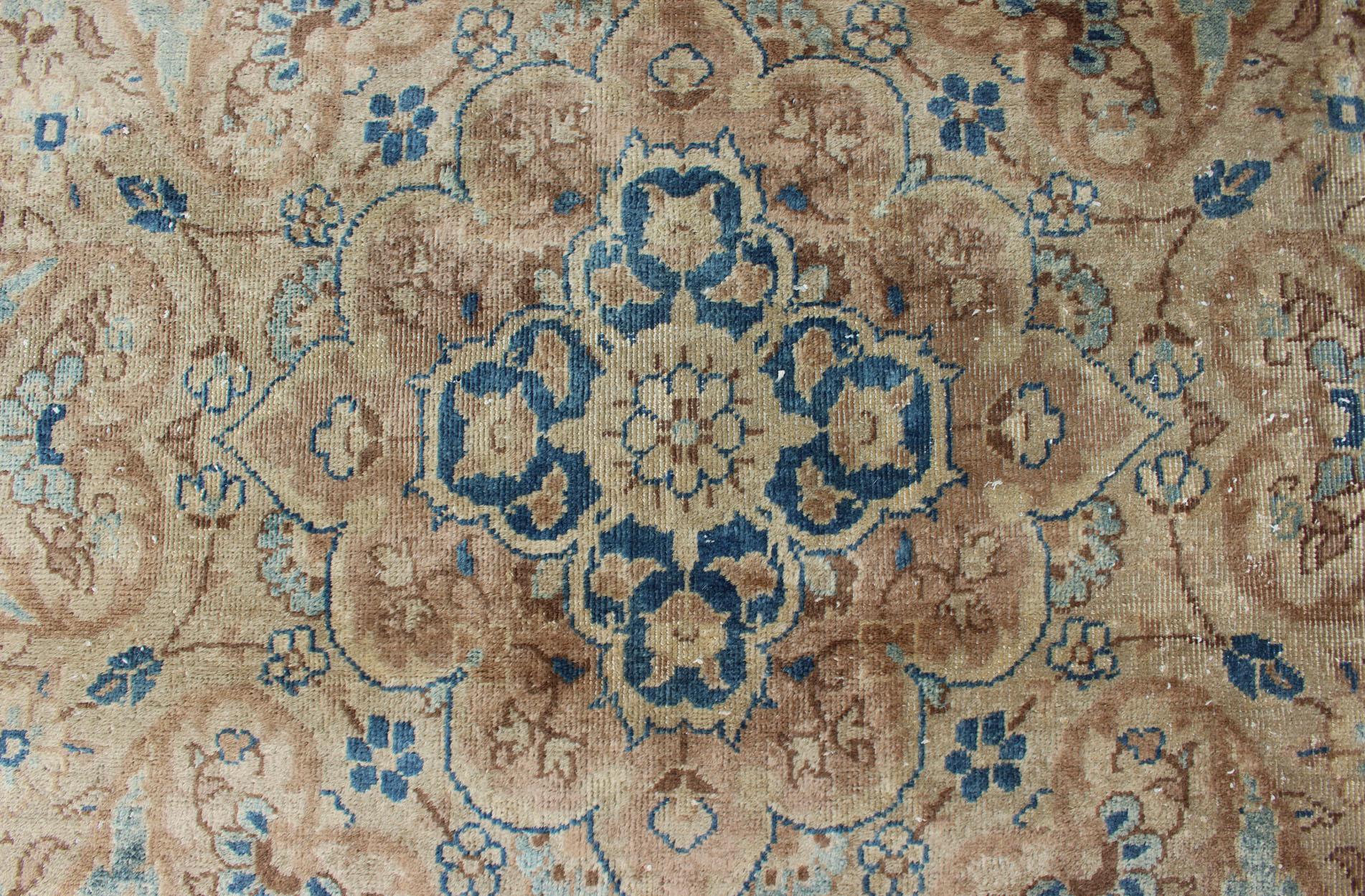 Antique Hand Knotted Amritsar Carpet in Taupe, Light Brown and Blue Accent's 1