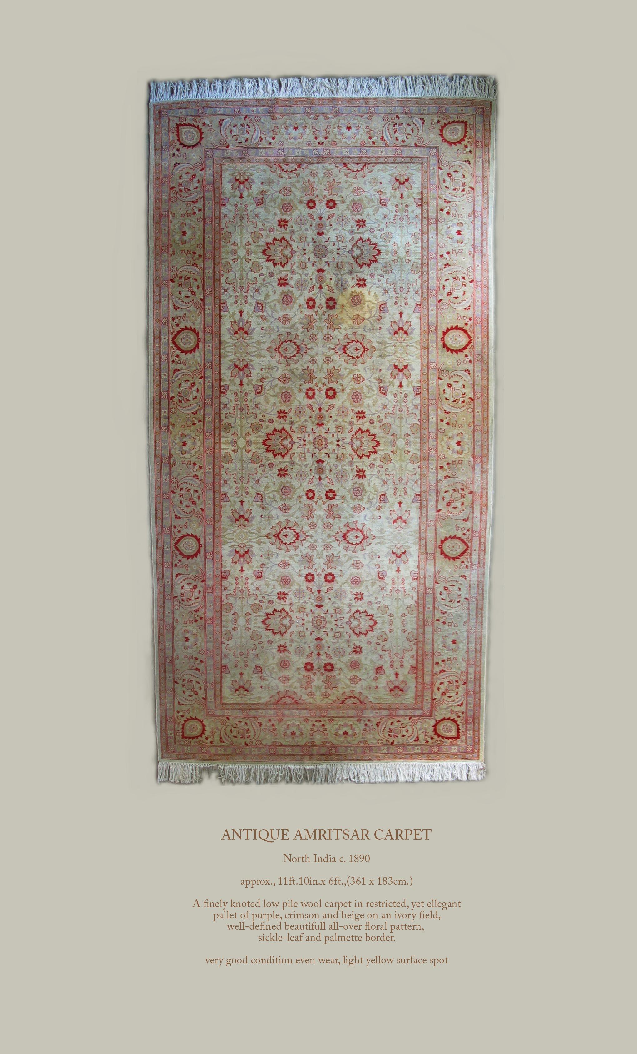 Wool Antique Amritsar Carpet North India, circa 1950 For Sale