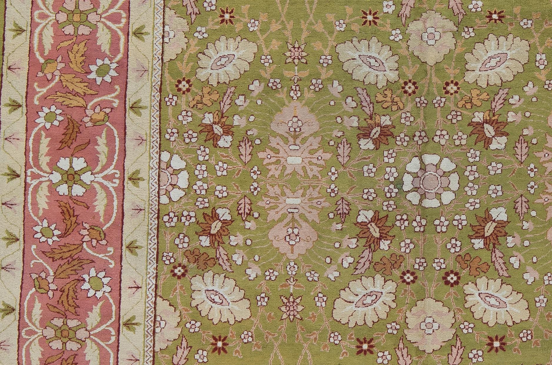 Hand-Woven Antique Amritsar Rare Green and Pink Floral Room Size Rug For Sale
