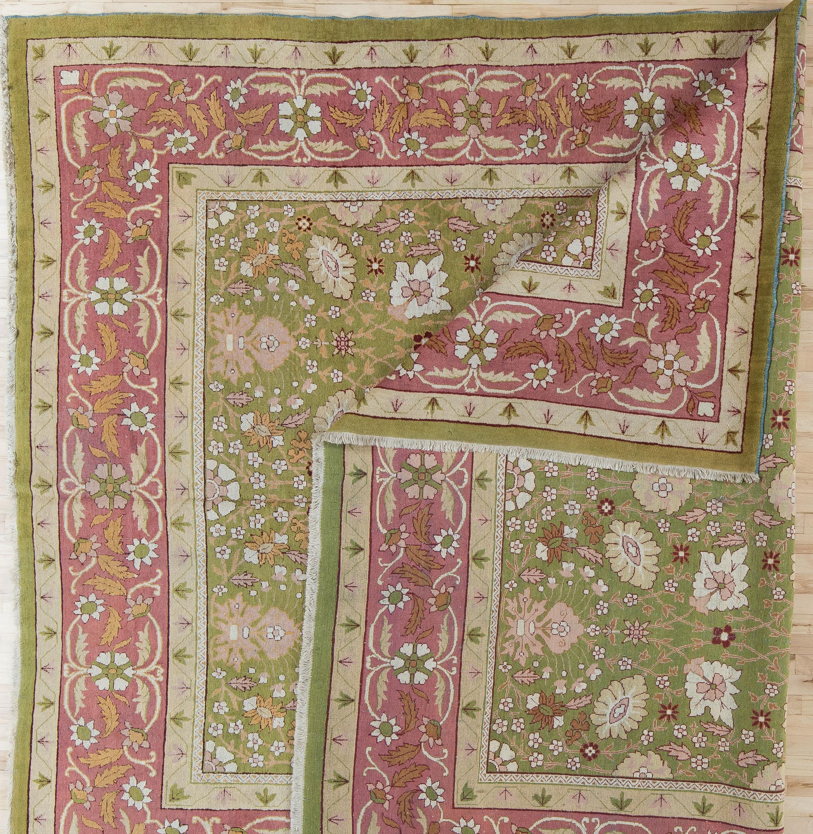 Antique Amritsar Rare Green and Pink Floral Room Size Rug In Good Condition For Sale In Hudson, NY