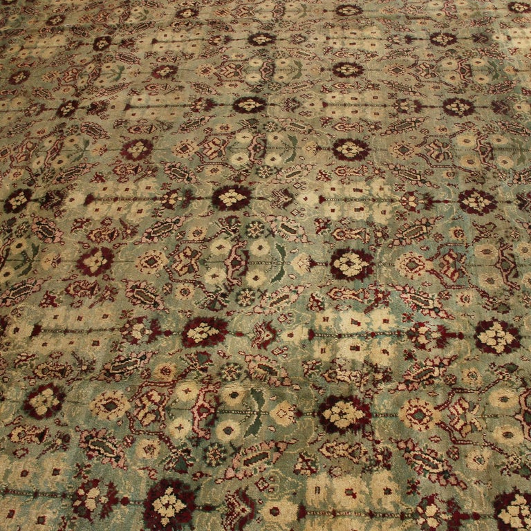Antique Amritsar Green Blue and Cream White Wool Rug with Burgundy ...